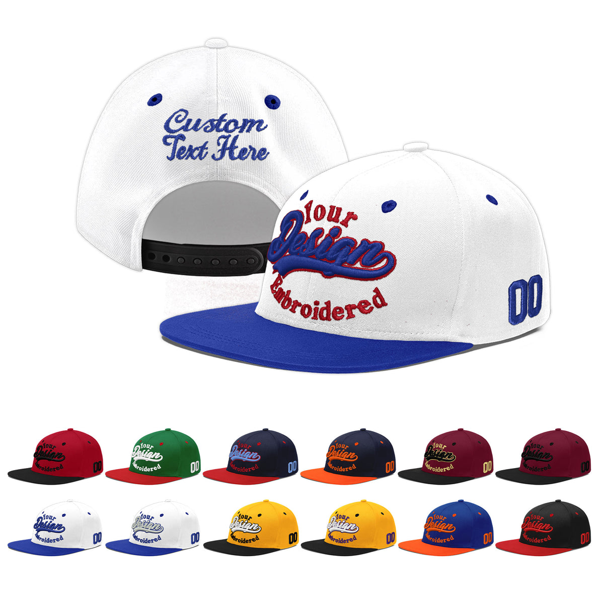 Custom White Royal Blue 3D Puff Embroidery Flat Embroidery Casual Sport Baseball Cap