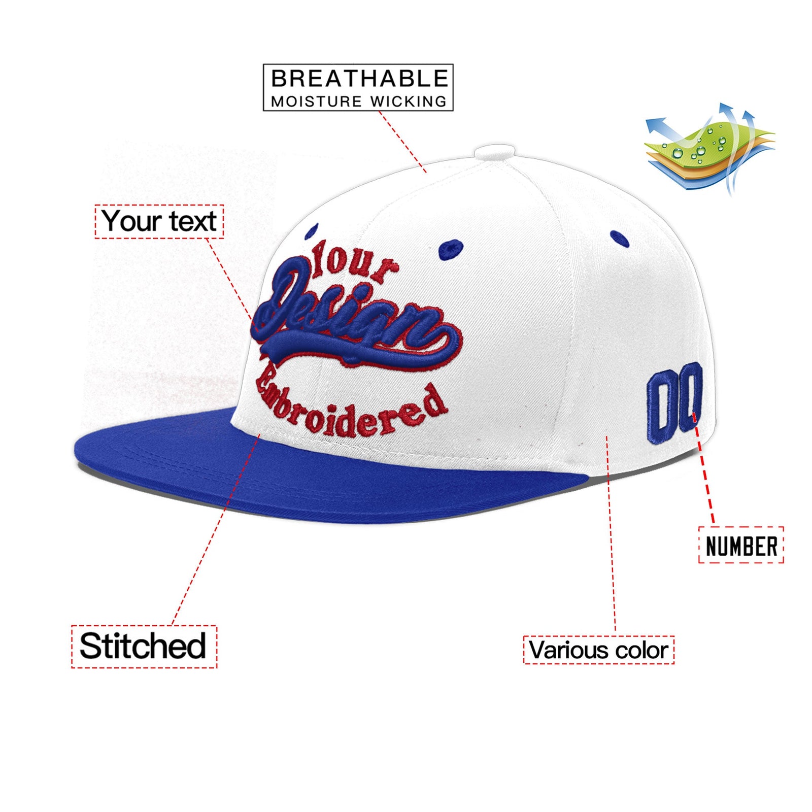 Custom White Royal Blue 3D Puff Embroidery Flat Embroidery Casual Sport Baseball Cap