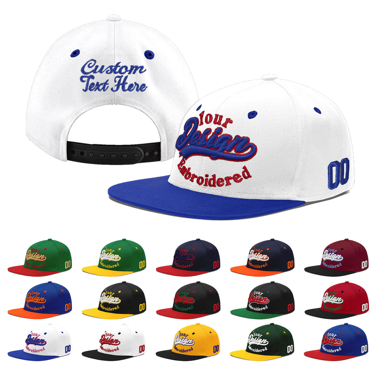 Custom White Royal Blue 3D Puff Embroidery Flat Embroidery Casual Sport Baseball Cap