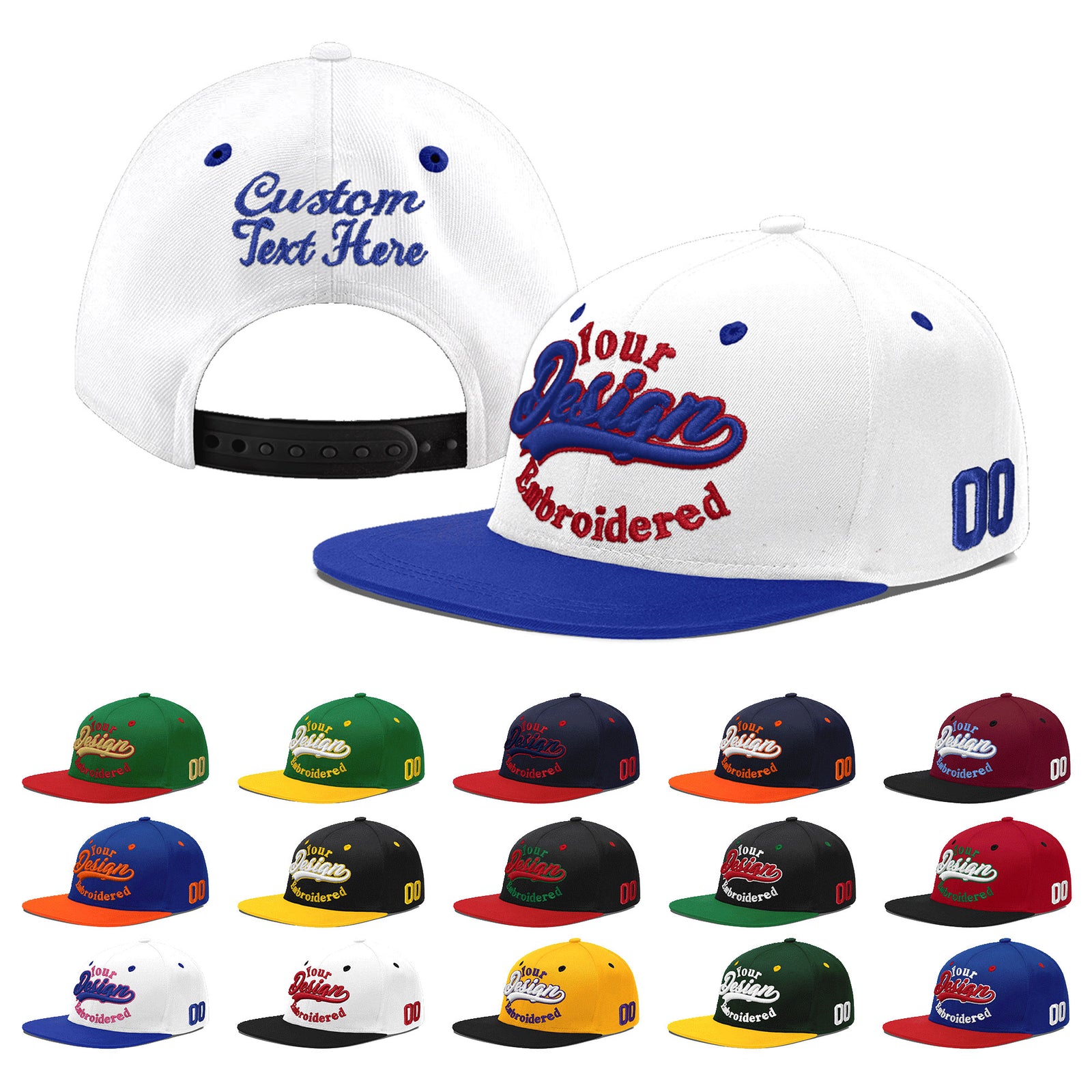 Custom White Royal Blue 3D Puff Embroidery Flat Embroidery Casual Sport Baseball Cap
