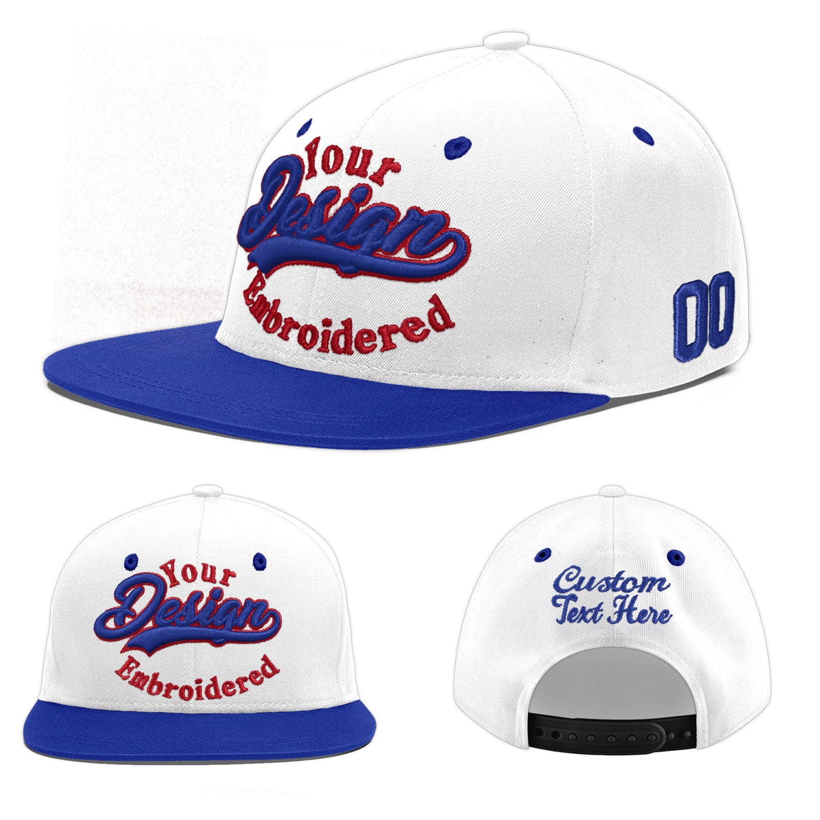 Custom White Royal Blue 3D Puff Embroidery Flat Embroidery Casual Sport Baseball Cap