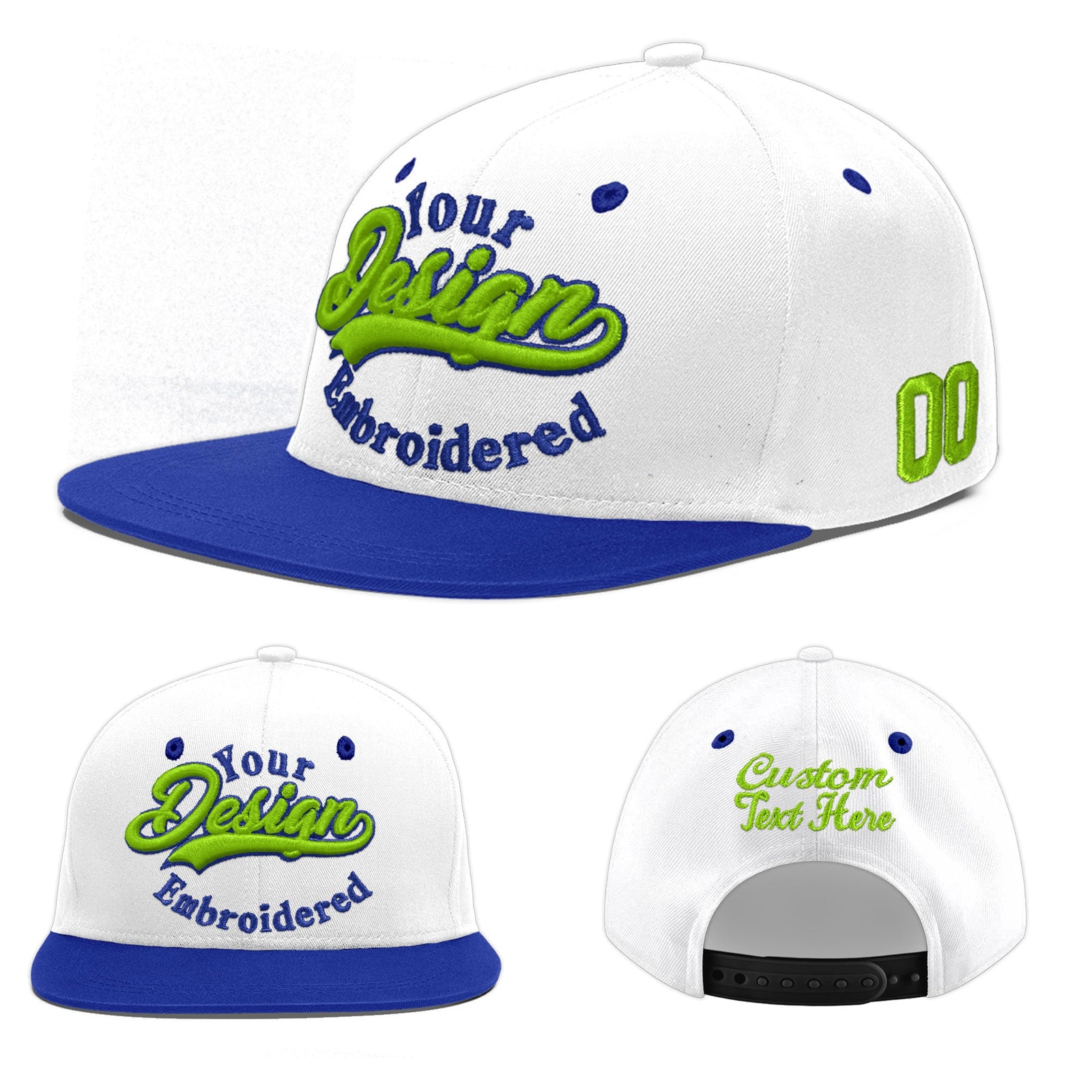 Custom White Royal Blue 3D Puff Embroidery Flat Embroidery Casual Sport Baseball Cap