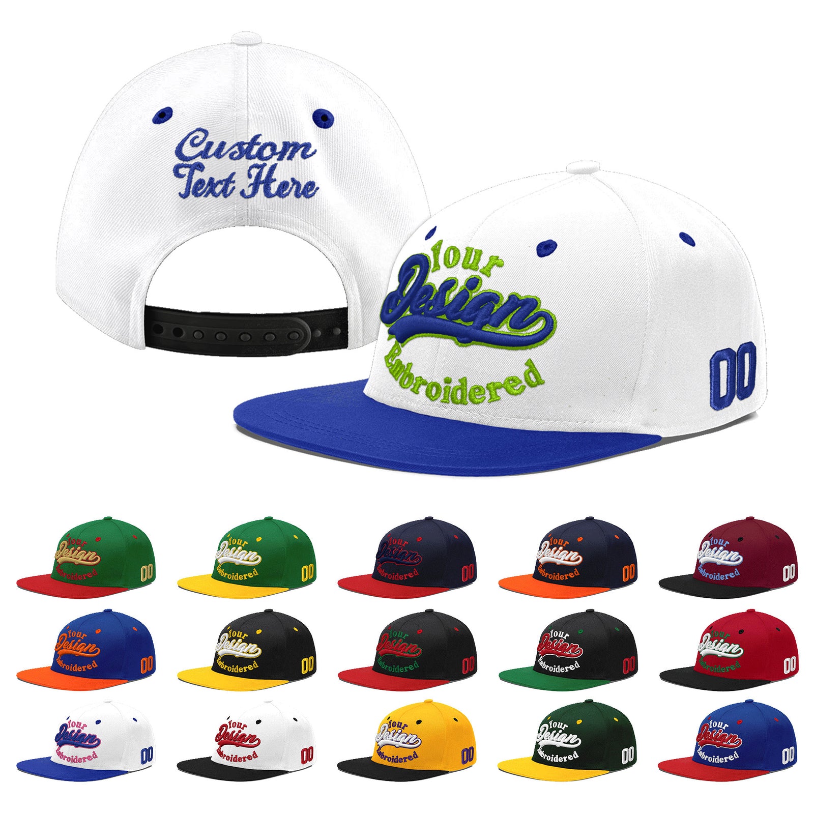 Custom White Royal Blue 163D Puff Embroidery Flat Embroidery Casual Sport Baseball Cap