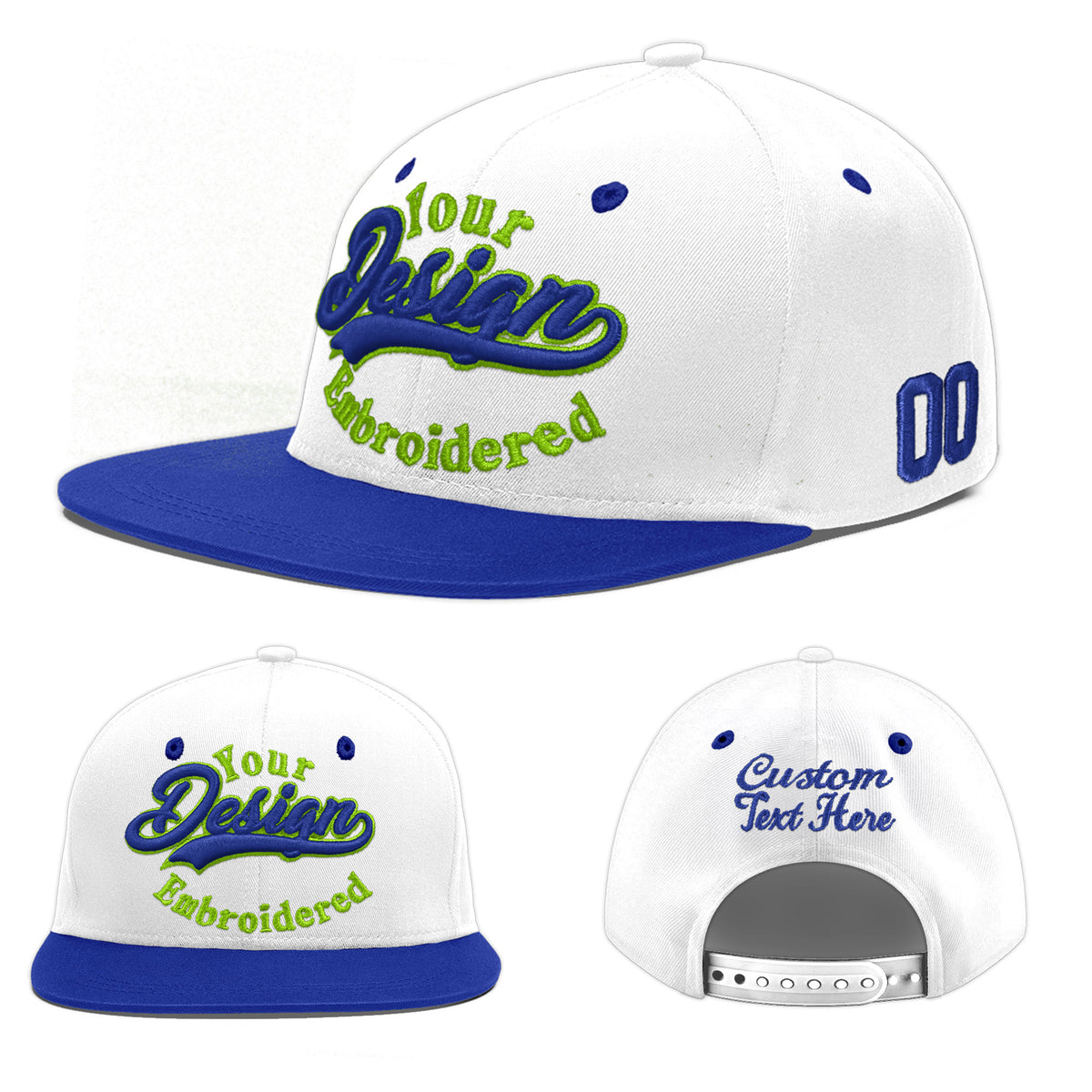 Custom White Royal Blue 164D Puff Embroidery Flat Embroidery Casual Sport Baseball Cap