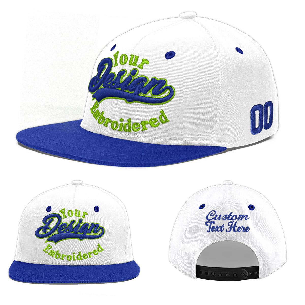 Custom White Royal Blue 164D Puff Embroidery Flat Embroidery Casual Sport Baseball Cap