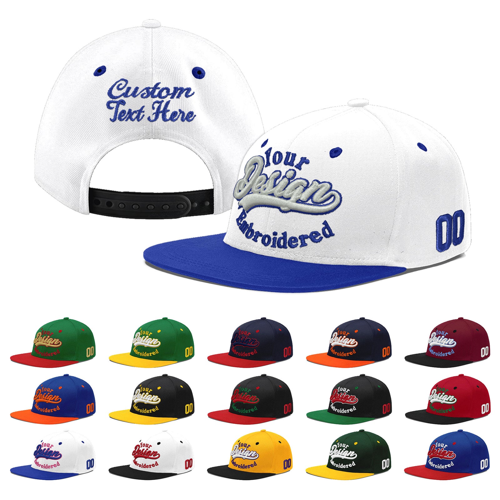 Custom White Royal Blue 179D Puff Embroidery Flat Embroidery Casual Sport Baseball Cap