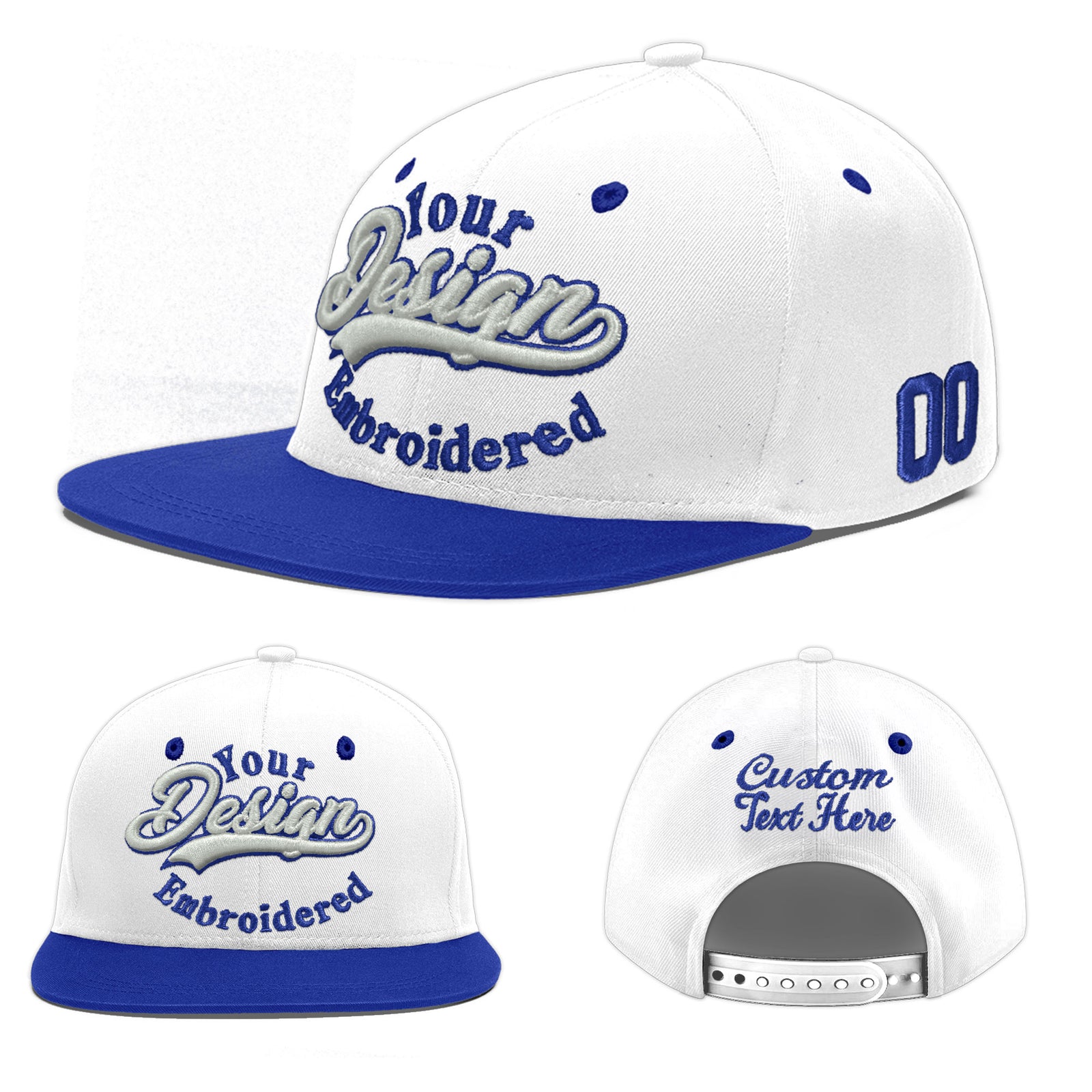 Custom White Royal Blue 180D Puff Embroidery Flat Embroidery Casual Sport Baseball Cap