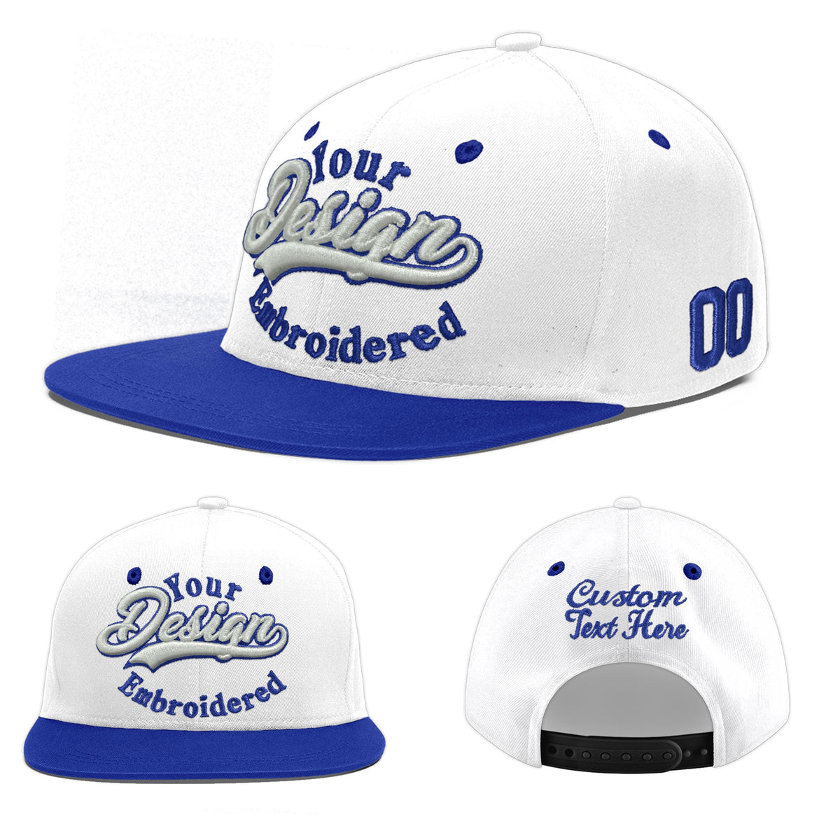 Custom White Royal Blue 180D Puff Embroidery Flat Embroidery Casual Sport Baseball Cap