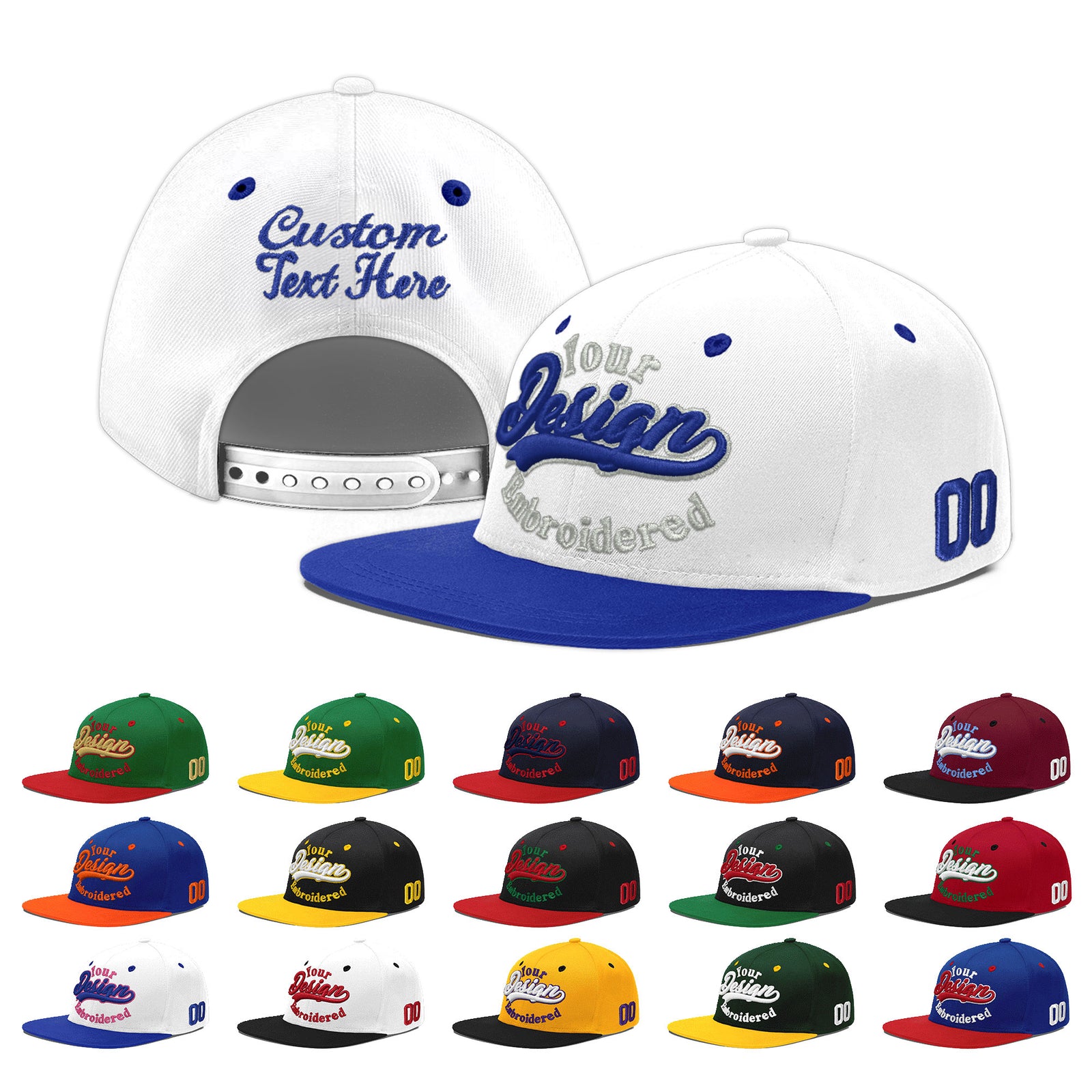 Custom White Royal Blue 187D Puff Embroidery Flat Embroidery Casual Sport Baseball Cap
