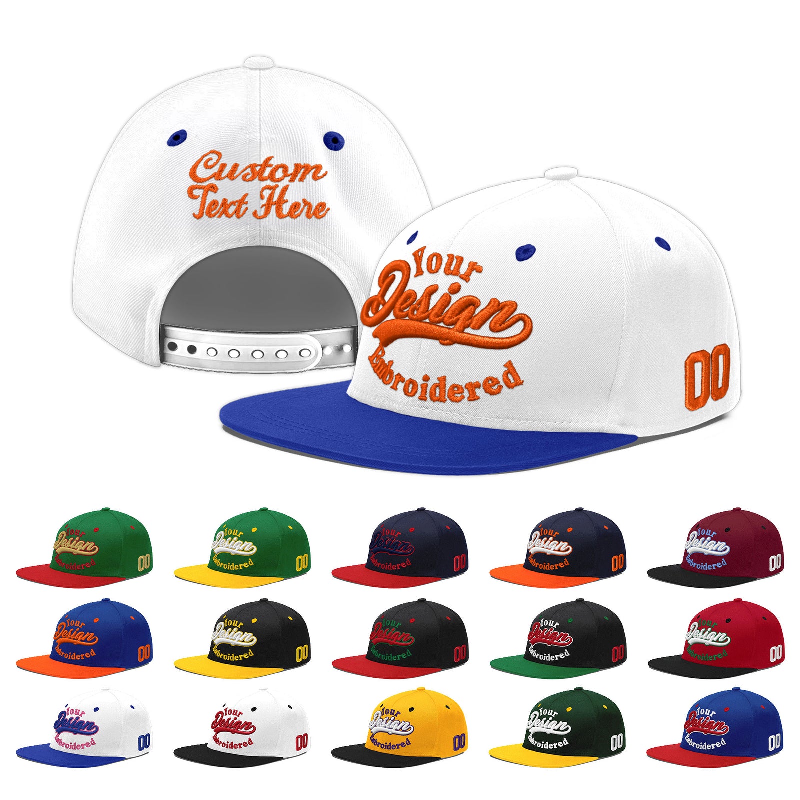 Custom White Royal Blue 195D Puff Embroidery Flat Embroidery Casual Sport Baseball Cap