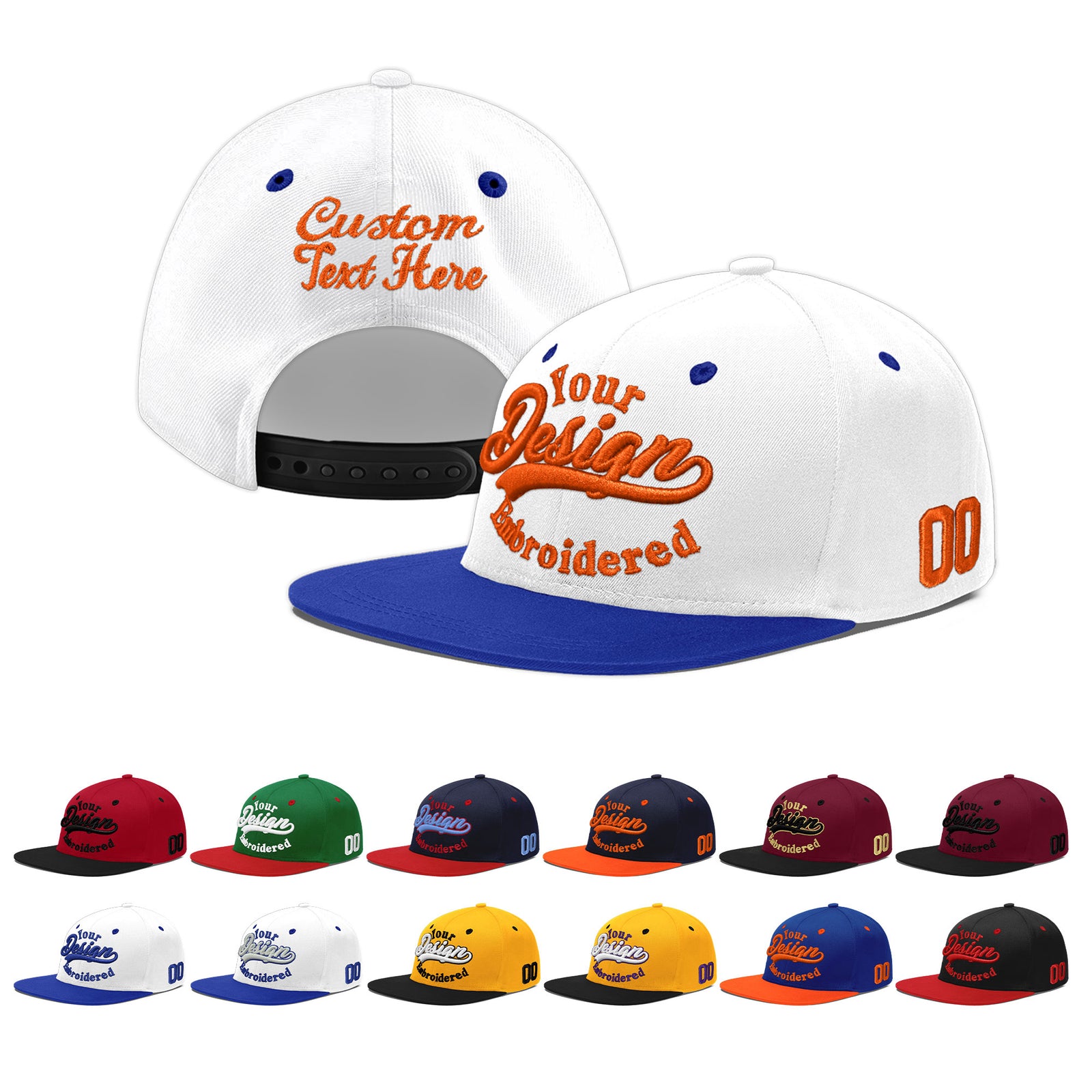 Custom White Royal Blue 195D Puff Embroidery Flat Embroidery Casual Sport Baseball Cap