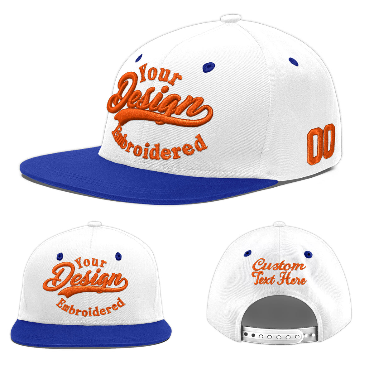 Custom White Royal Blue 196D Puff Embroidery Flat Embroidery Casual Sport Baseball Cap