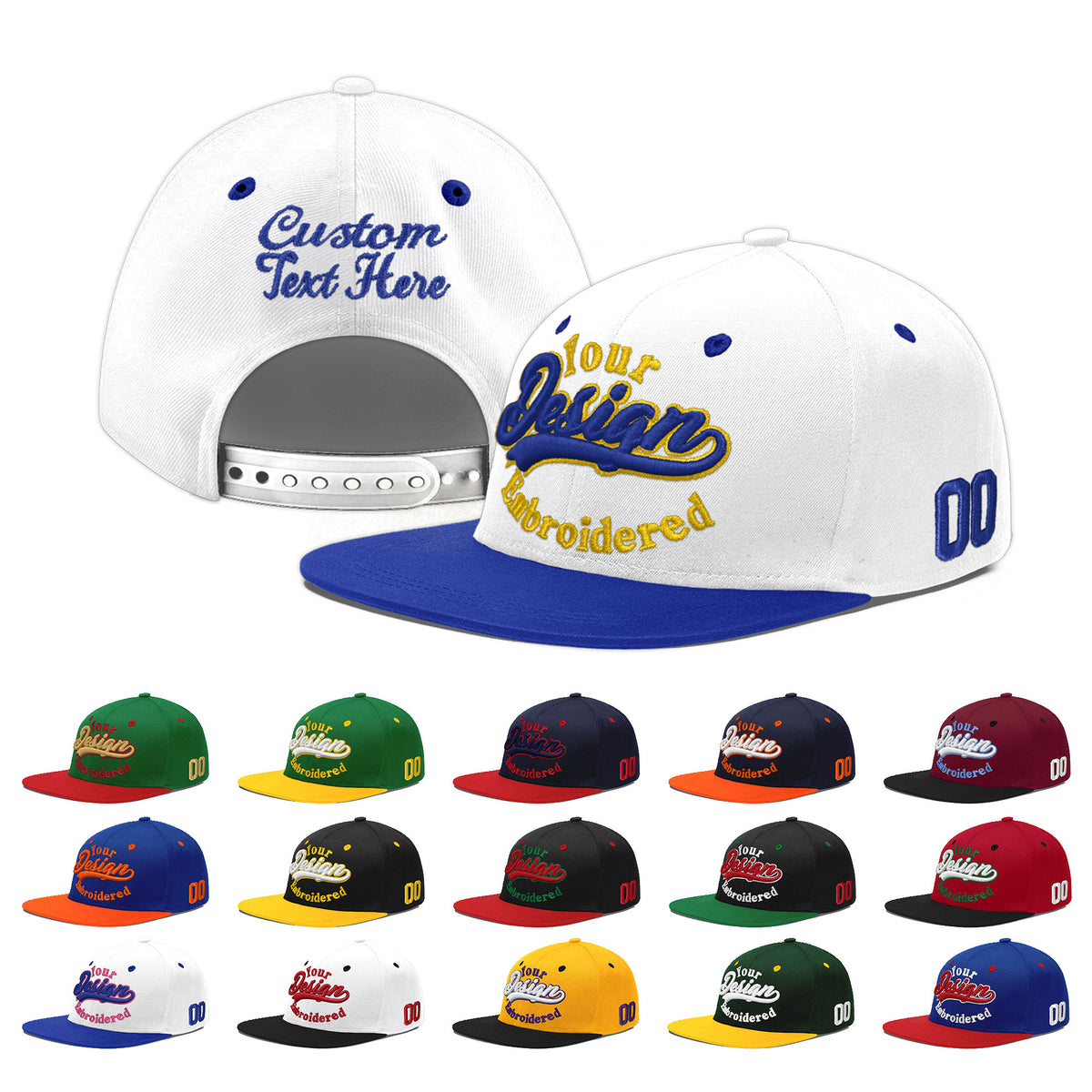Custom White Royal Blue 171D Puff Embroidery Flat Embroidery Casual Sport Baseball Cap