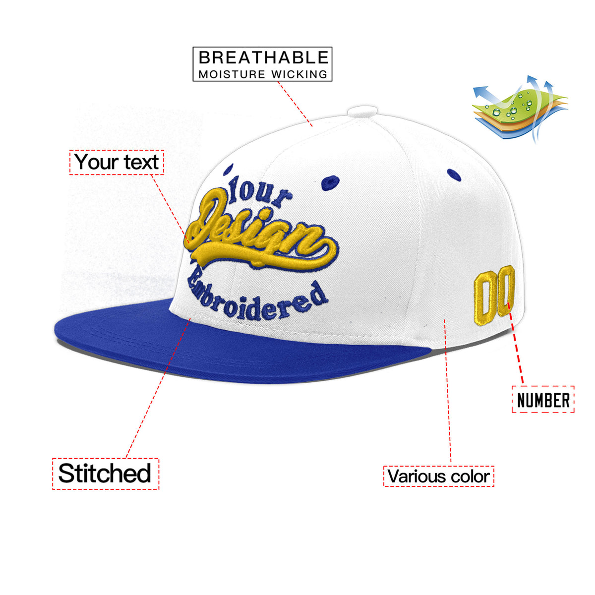 Custom White Royal Blue 181D Puff Embroidery Flat Embroidery Casual Sport Baseball Cap