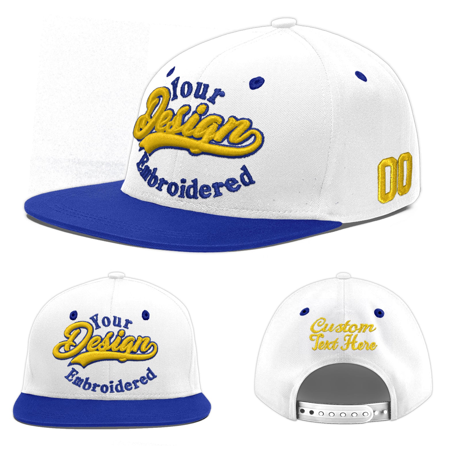 Custom White Royal Blue 180D Puff Embroidery Flat Embroidery Casual Sport Baseball Cap
