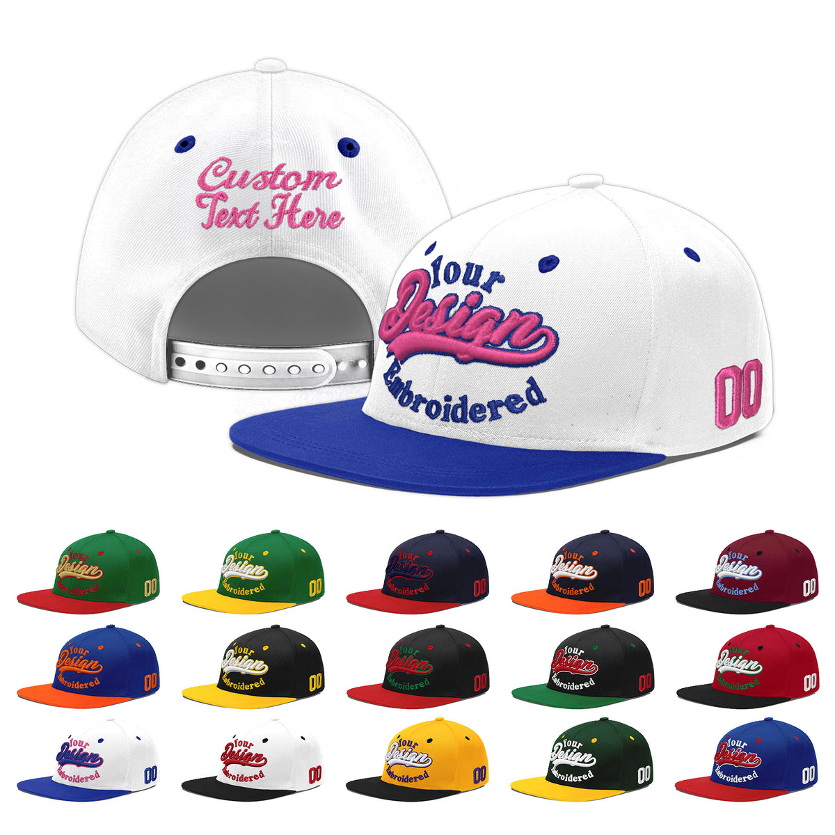 Custom White Royal Blue 187D Puff Embroidery Flat Embroidery Casual Sport Baseball Cap