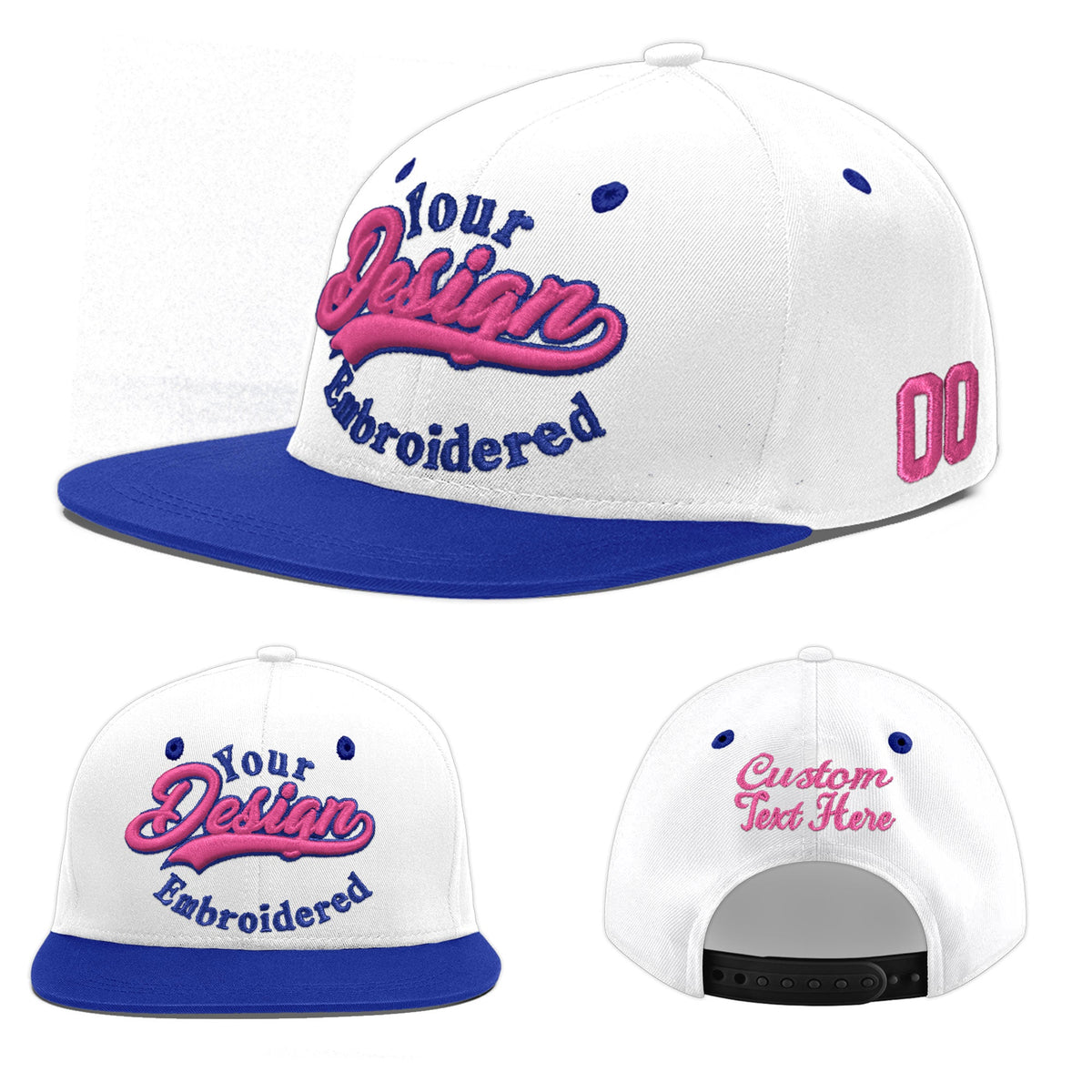 Custom White Royal Blue 188D Puff Embroidery Flat Embroidery Casual Sport Baseball Cap