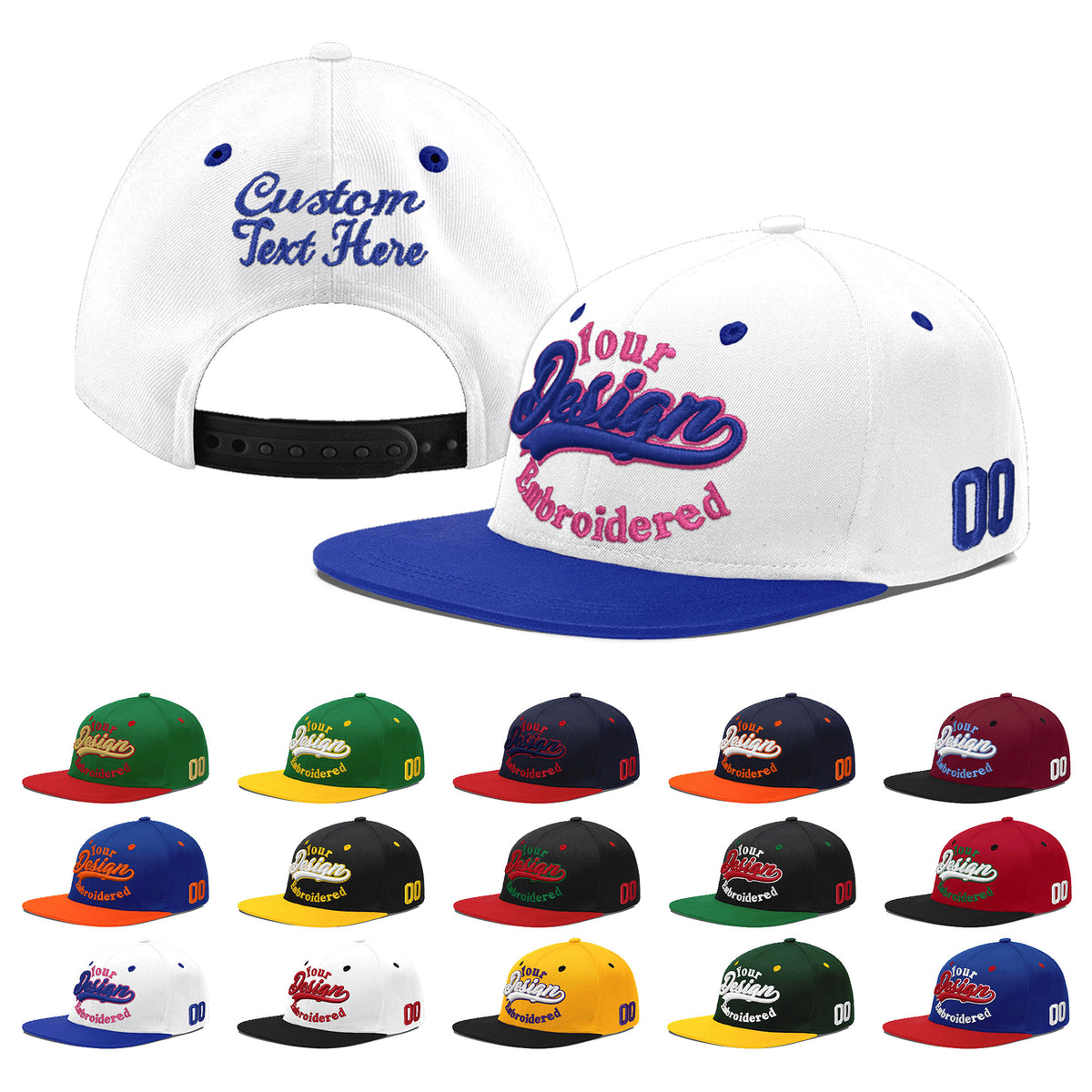 Custom White Royal Blue 195D Puff Embroidery Flat Embroidery Casual Sport Baseball Cap