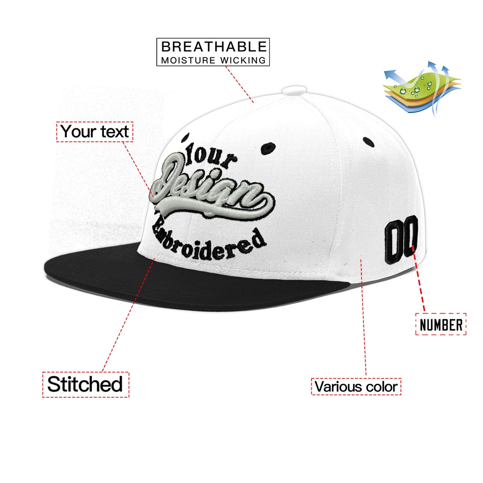 Custom White Black 3D Puff Embroidery Flat Embroidery Casual Sport Baseball Cap