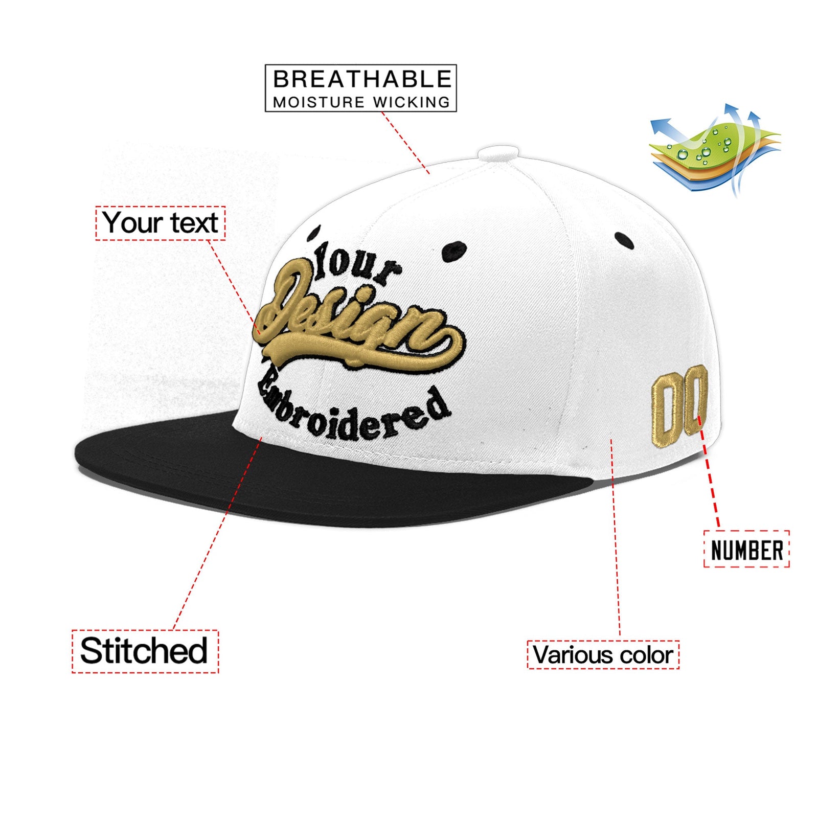 Custom White Black 3D Puff Embroidery Flat Embroidery Casual Sport Baseball Cap