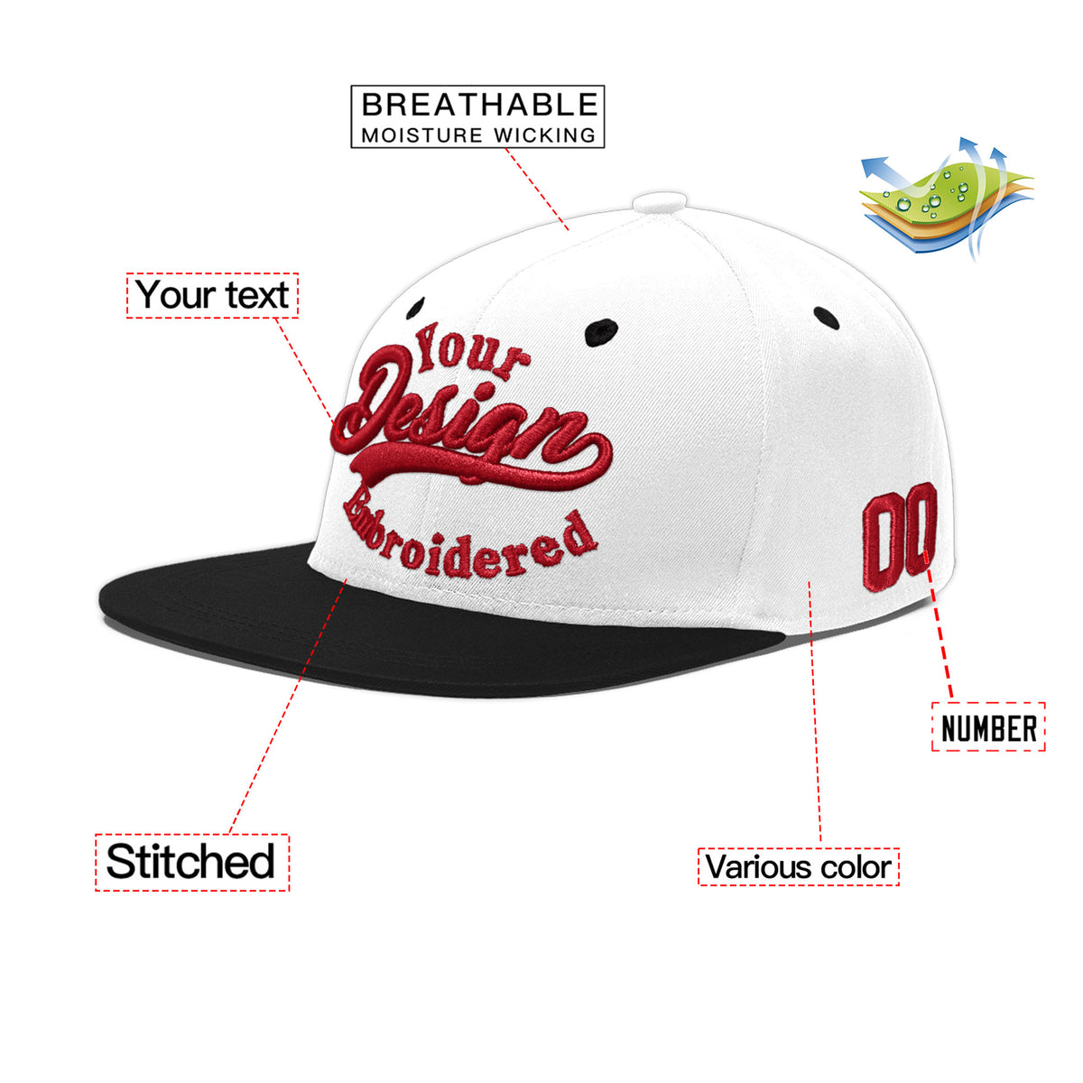 Custom White Black 3D Puff Embroidery Flat Embroidery Casual Sport Baseball Cap