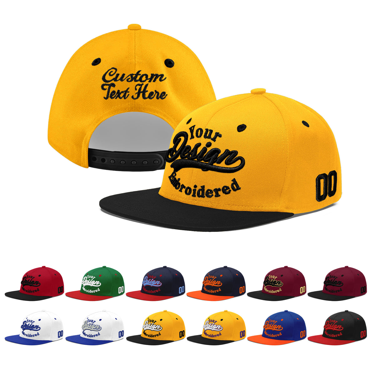 Custom Gold Black 3D Puff Embroidery Flat Embroidery Casual Sport Baseball Cap