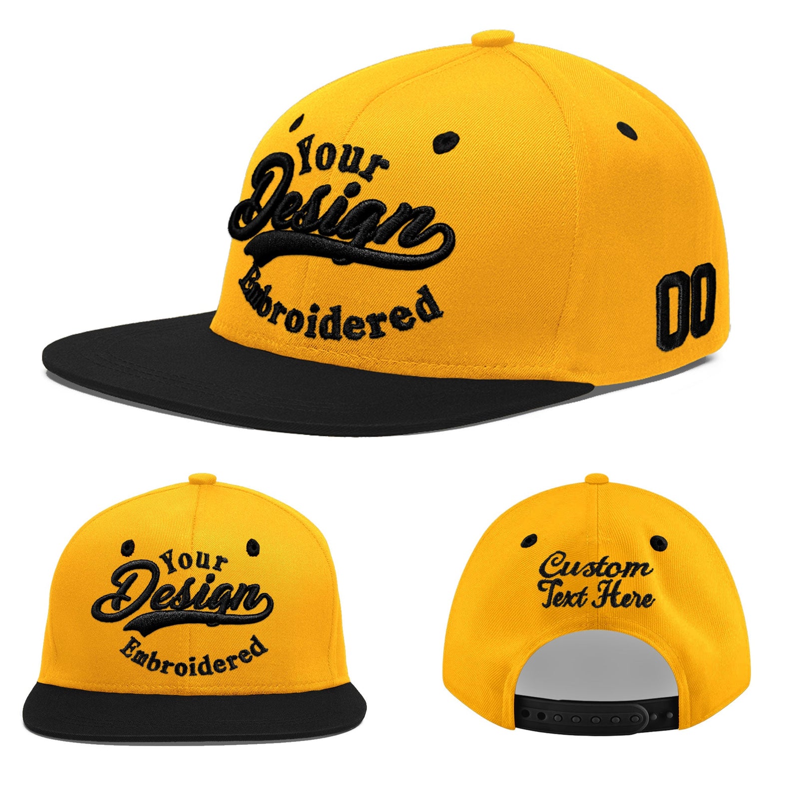 Custom Gold Black 3D Puff Embroidery Flat Embroidery Casual Sport Baseball Cap
