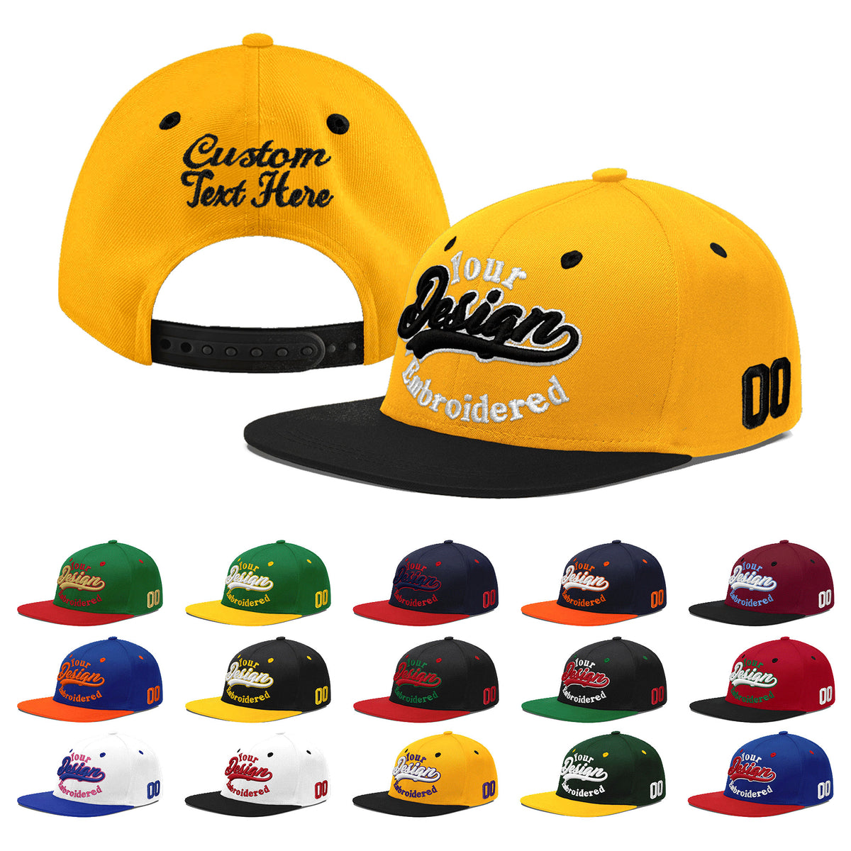 Custom Gold Black 3D Puff Embroidery Flat Embroidery Casual Sport Baseball Cap