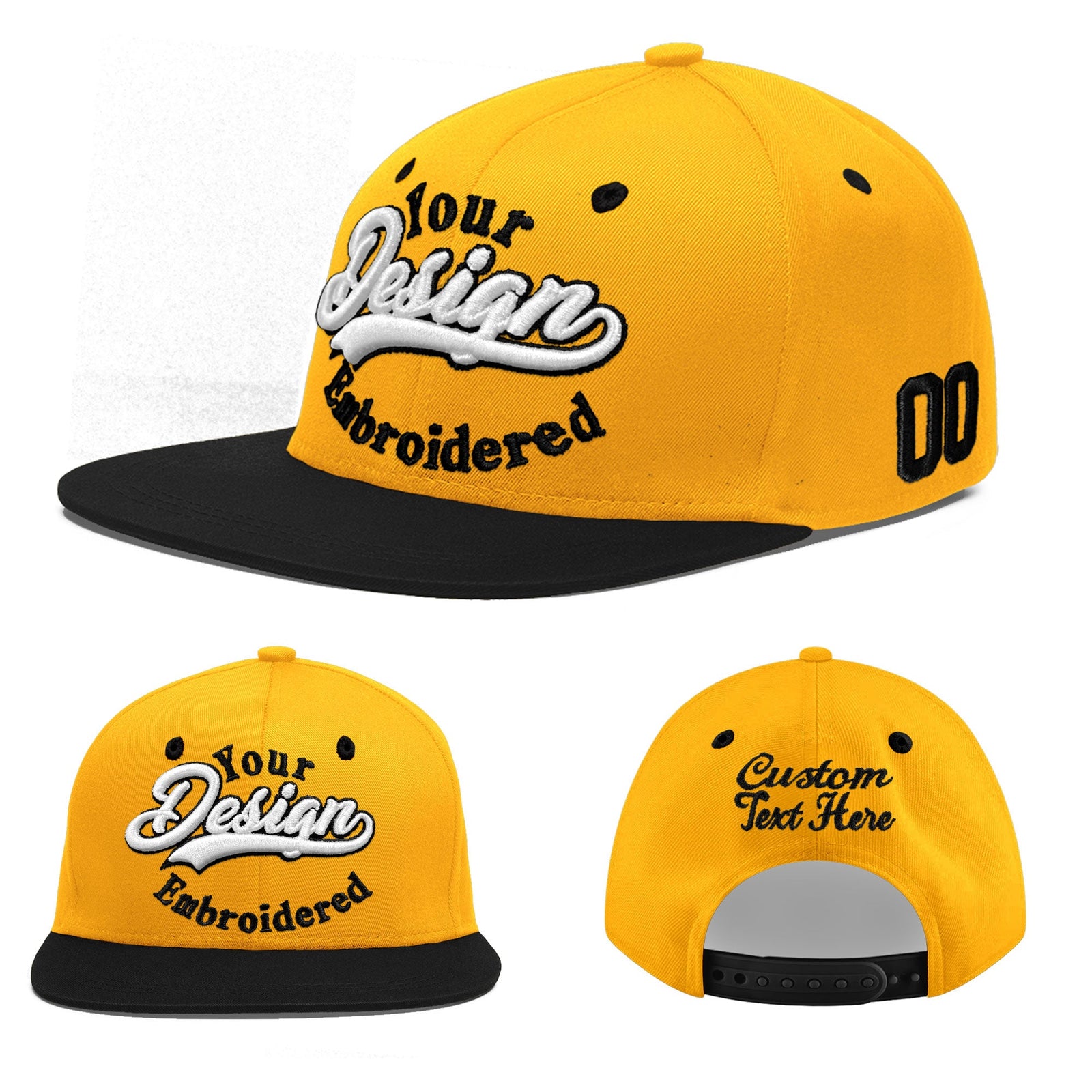 Custom Gold Black 3D Puff Embroidery Flat Embroidery Casual Sport Baseball Cap