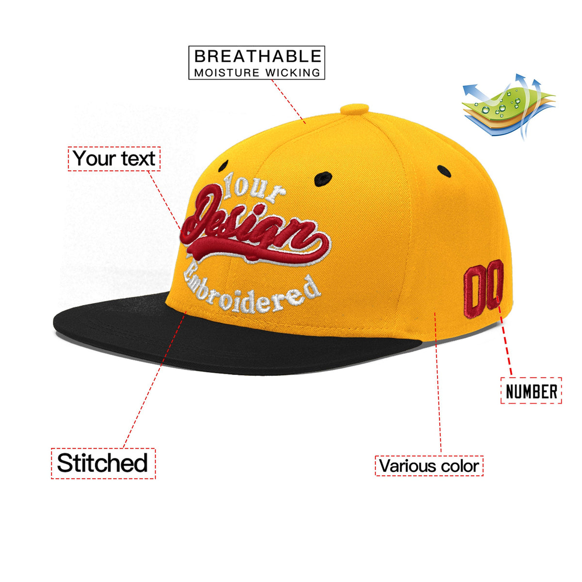 Custom Gold Black 3D Puff Embroidery Flat Embroidery Casual Sport Baseball Cap