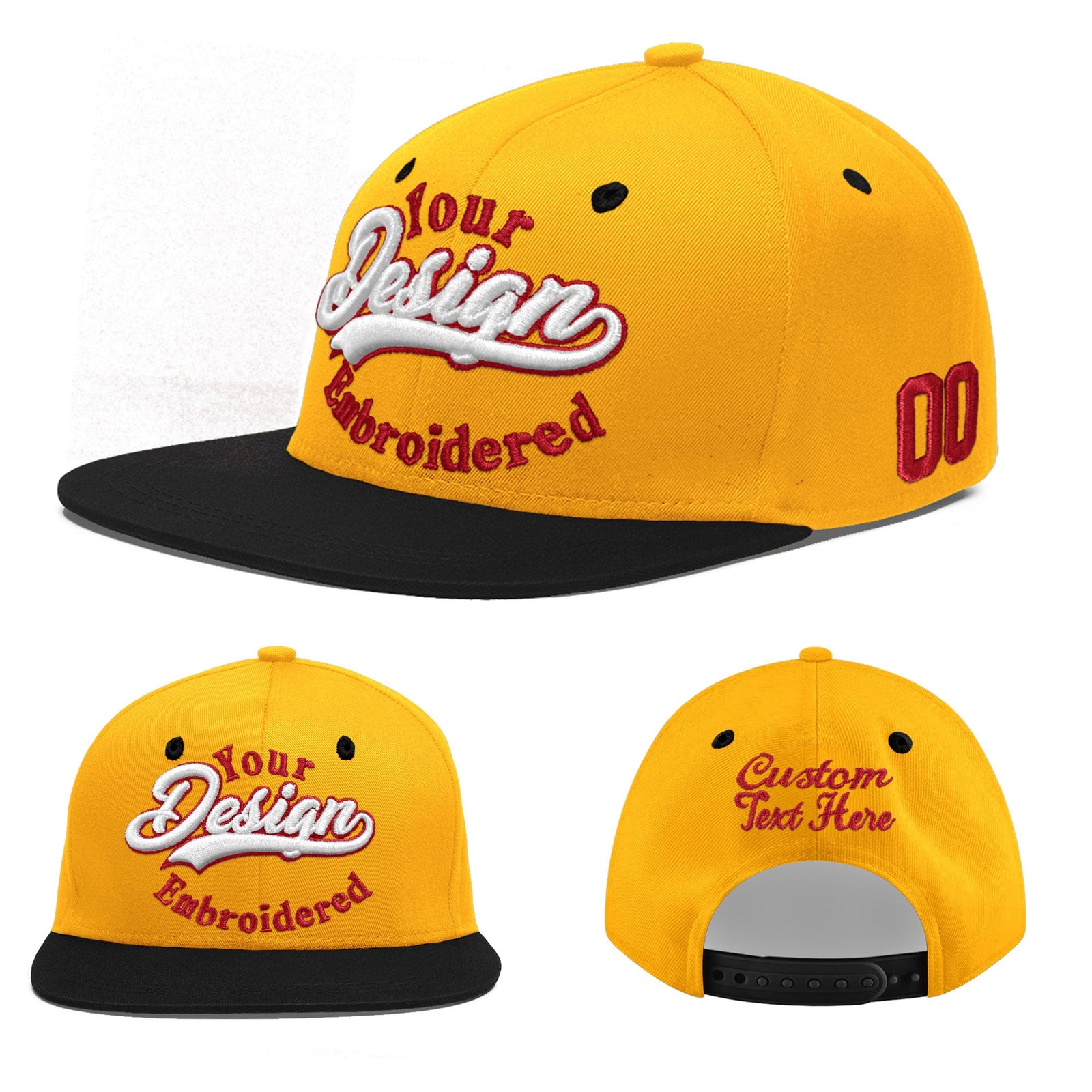 Custom Gold Black 3D Puff Embroidery Flat Embroidery Casual Sport Baseball Cap