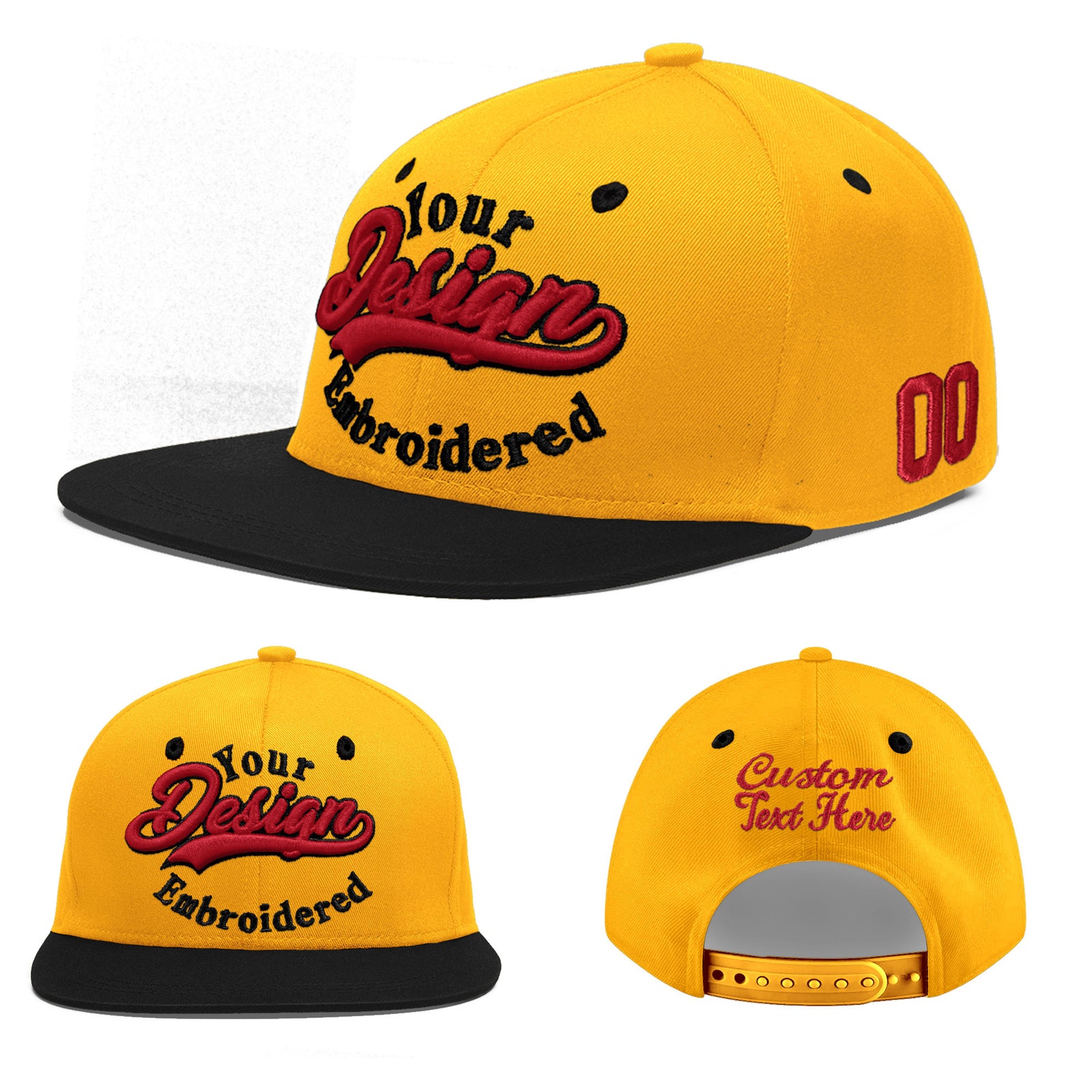 Custom Gold Black 132D Puff Embroidery Flat Embroidery Casual Sport Baseball Cap