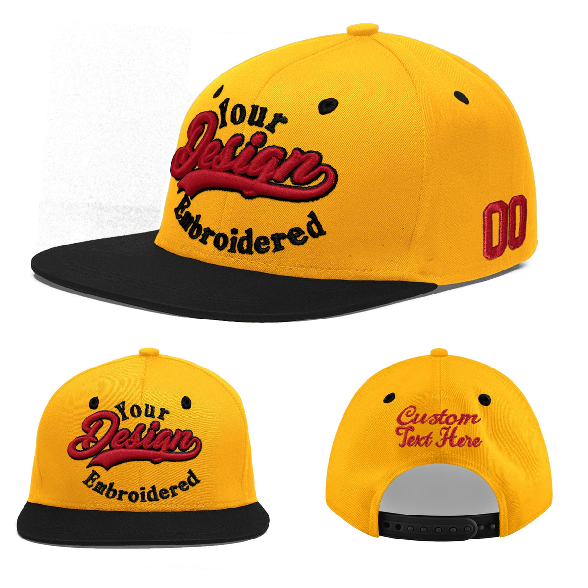 Custom Gold Black 132D Puff Embroidery Flat Embroidery Casual Sport Baseball Cap