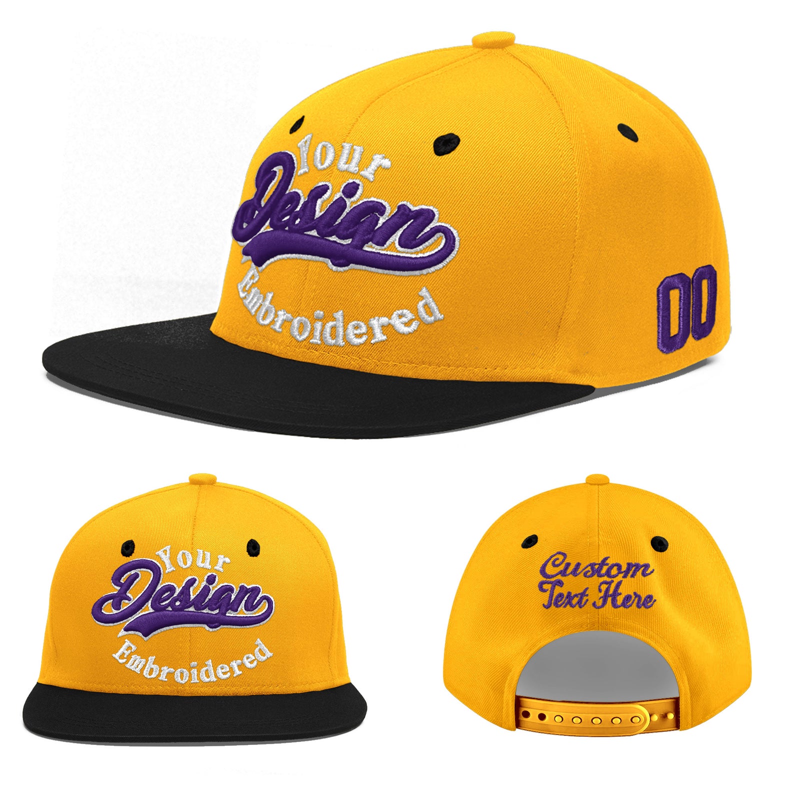 Custom Gold Black 148D Puff Embroidery Flat Embroidery Casual Sport Baseball Cap