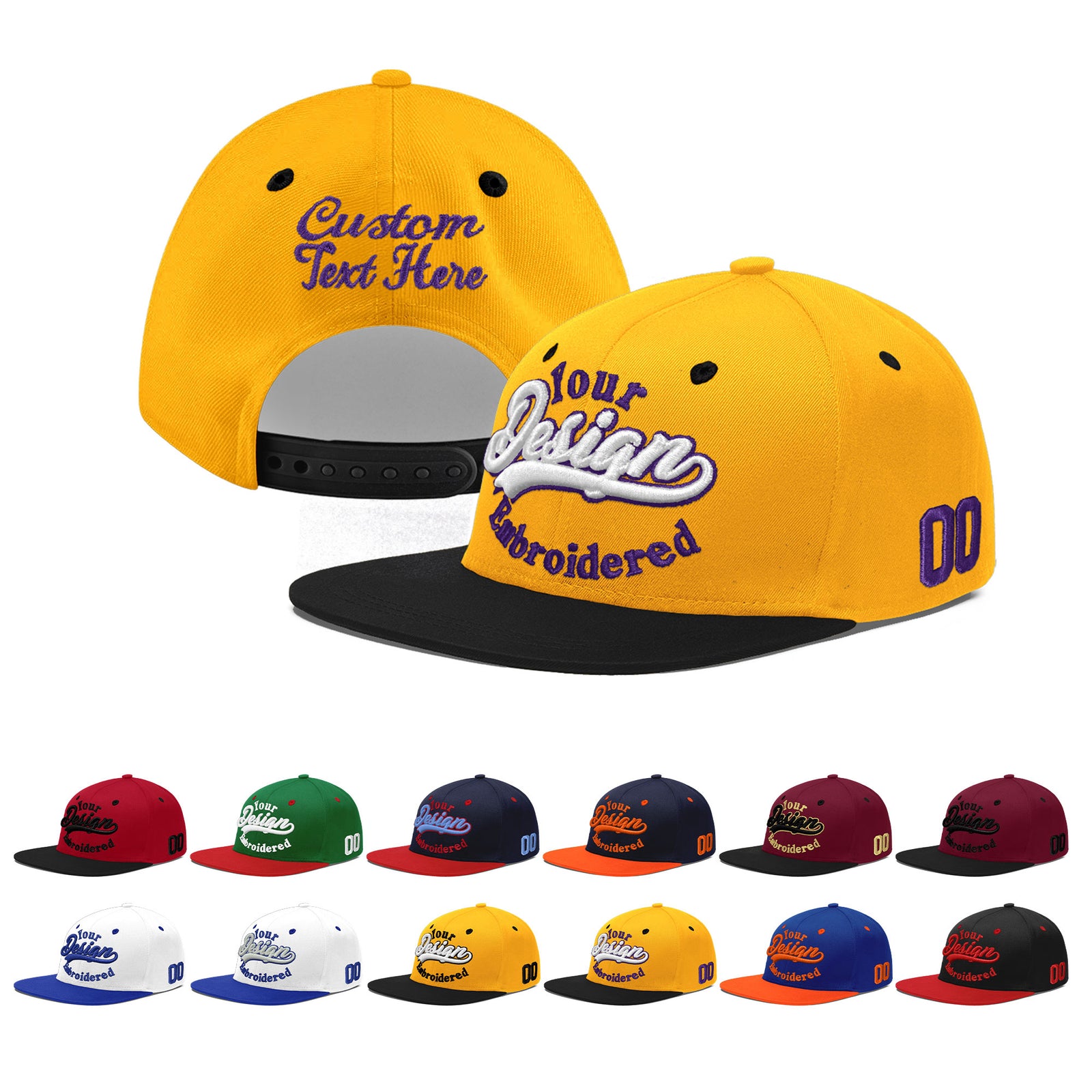 Custom Gold Black 155D Puff Embroidery Flat Embroidery Casual Sport Baseball Cap