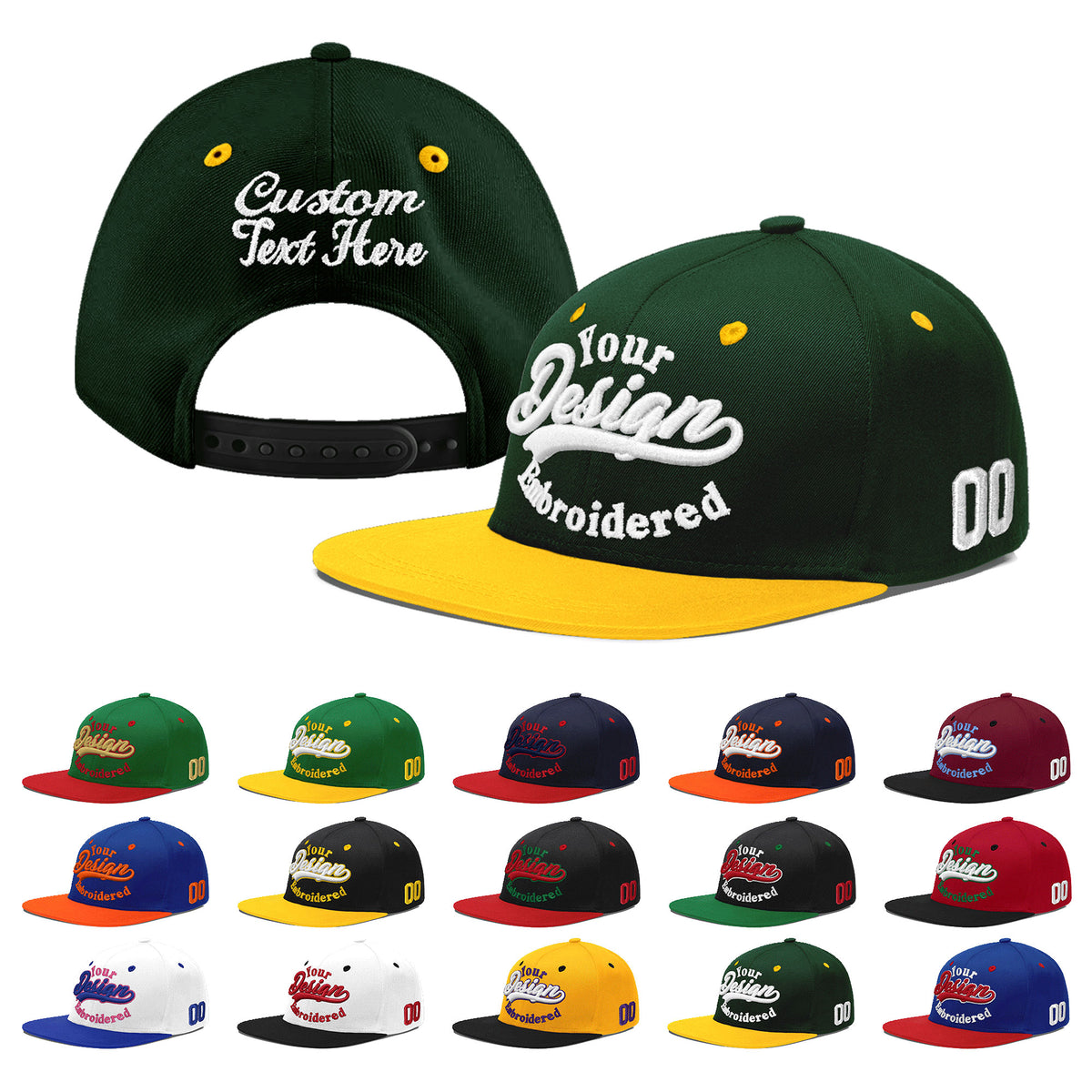 Custom Green Gold 3D Puff Embroidery Flat Embroidery Casual Sport Baseball Cap