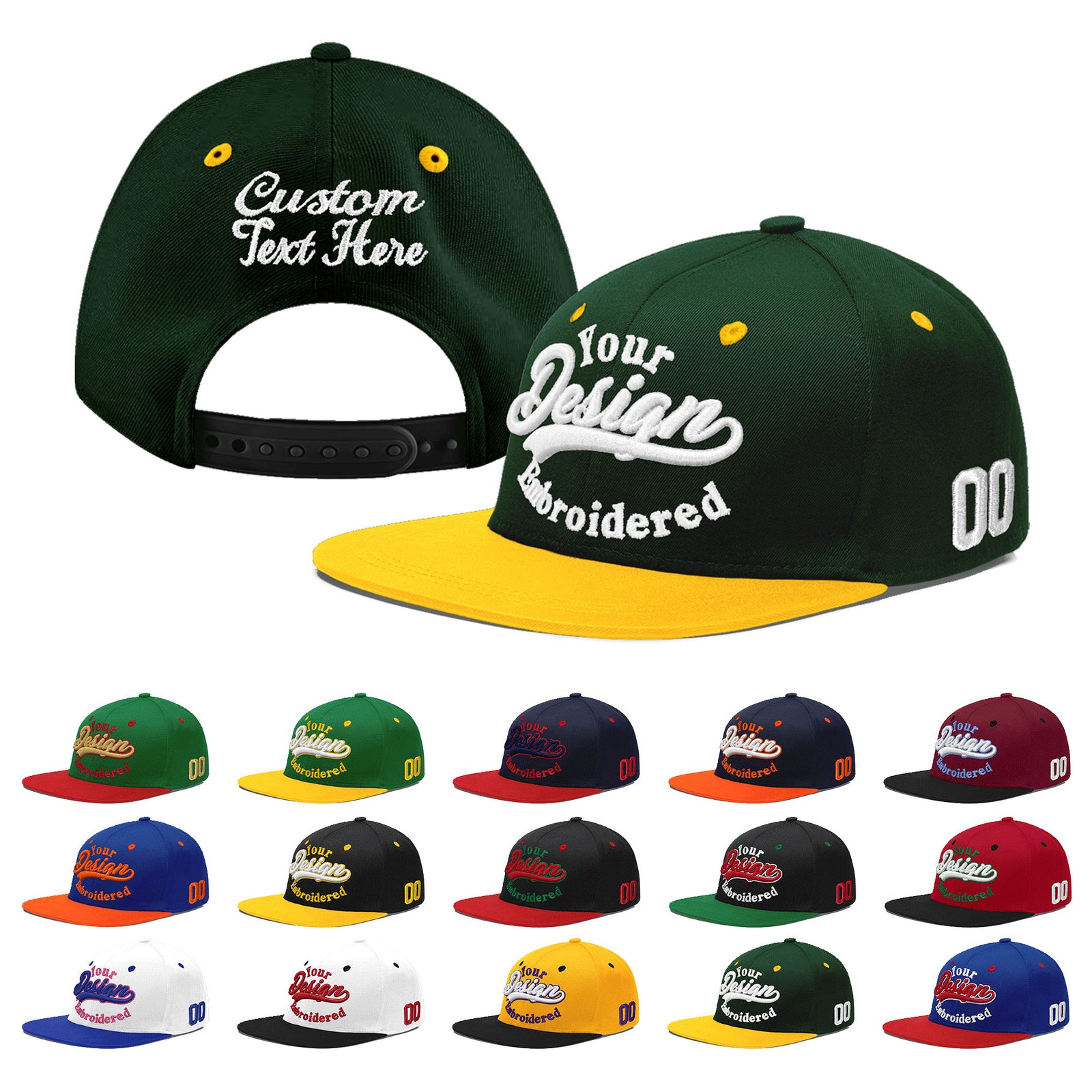 Custom Green Gold 3D Puff Embroidery Flat Embroidery Casual Sport Baseball Cap