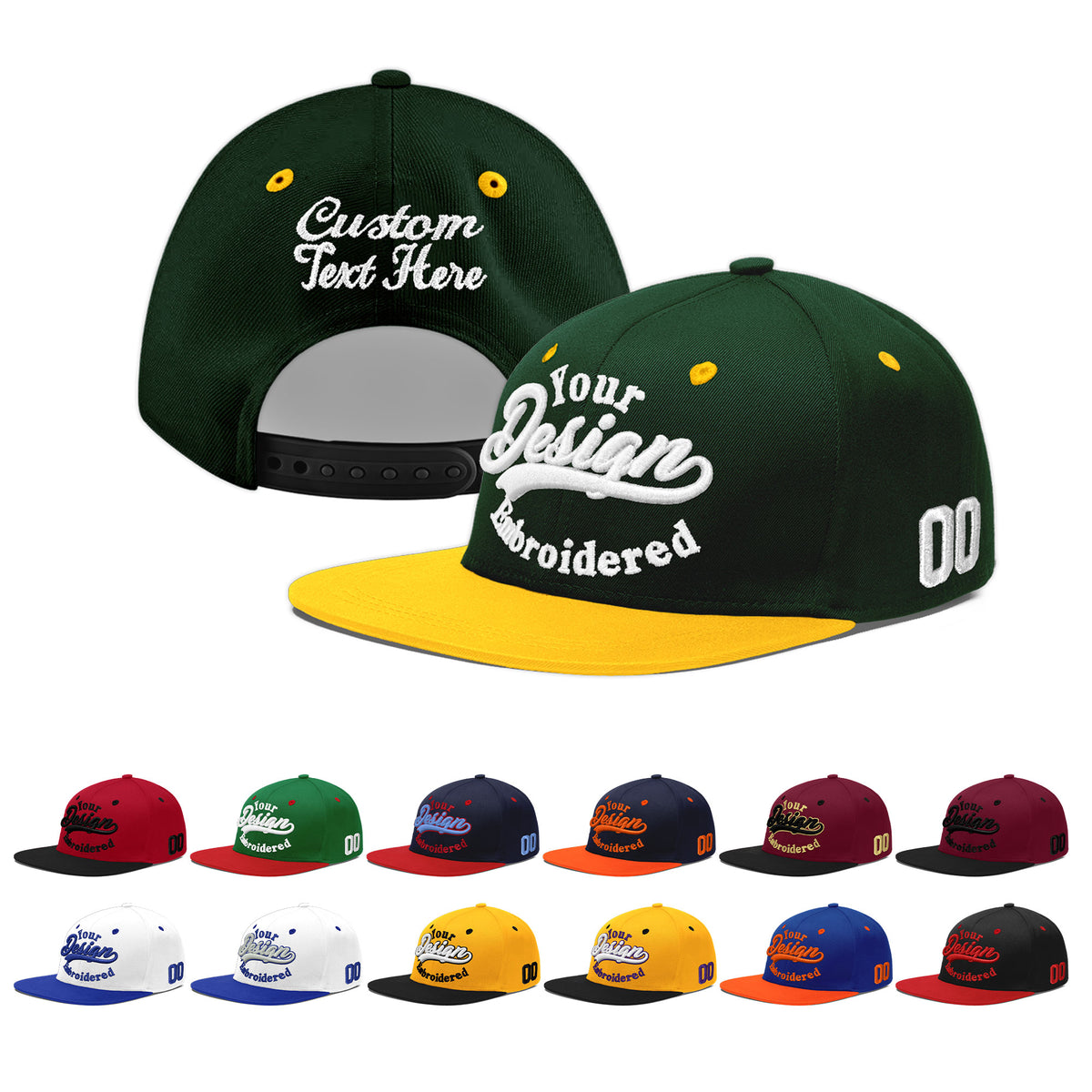 Custom Green Gold 3D Puff Embroidery Flat Embroidery Casual Sport Baseball Cap