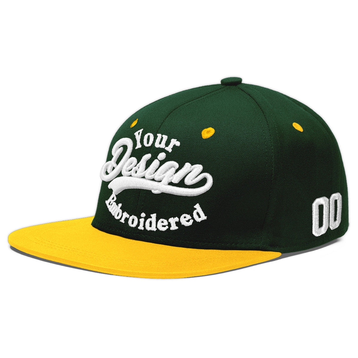 Custom Green Gold 3D Puff Embroidery Flat Embroidery Casual Sport Baseball Cap