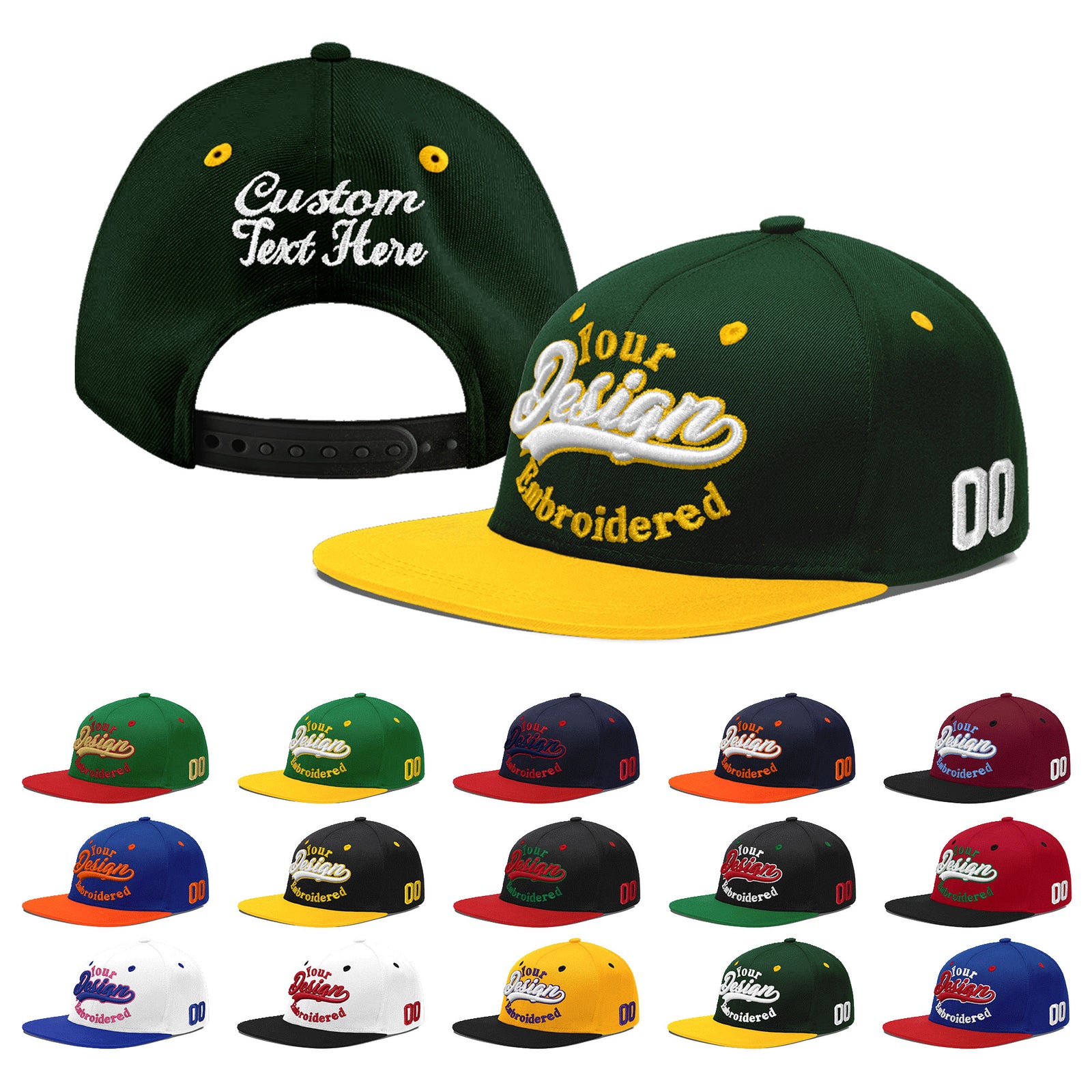 Custom Green Gold 3D Puff Embroidery Flat Embroidery Casual Sport Baseball Cap