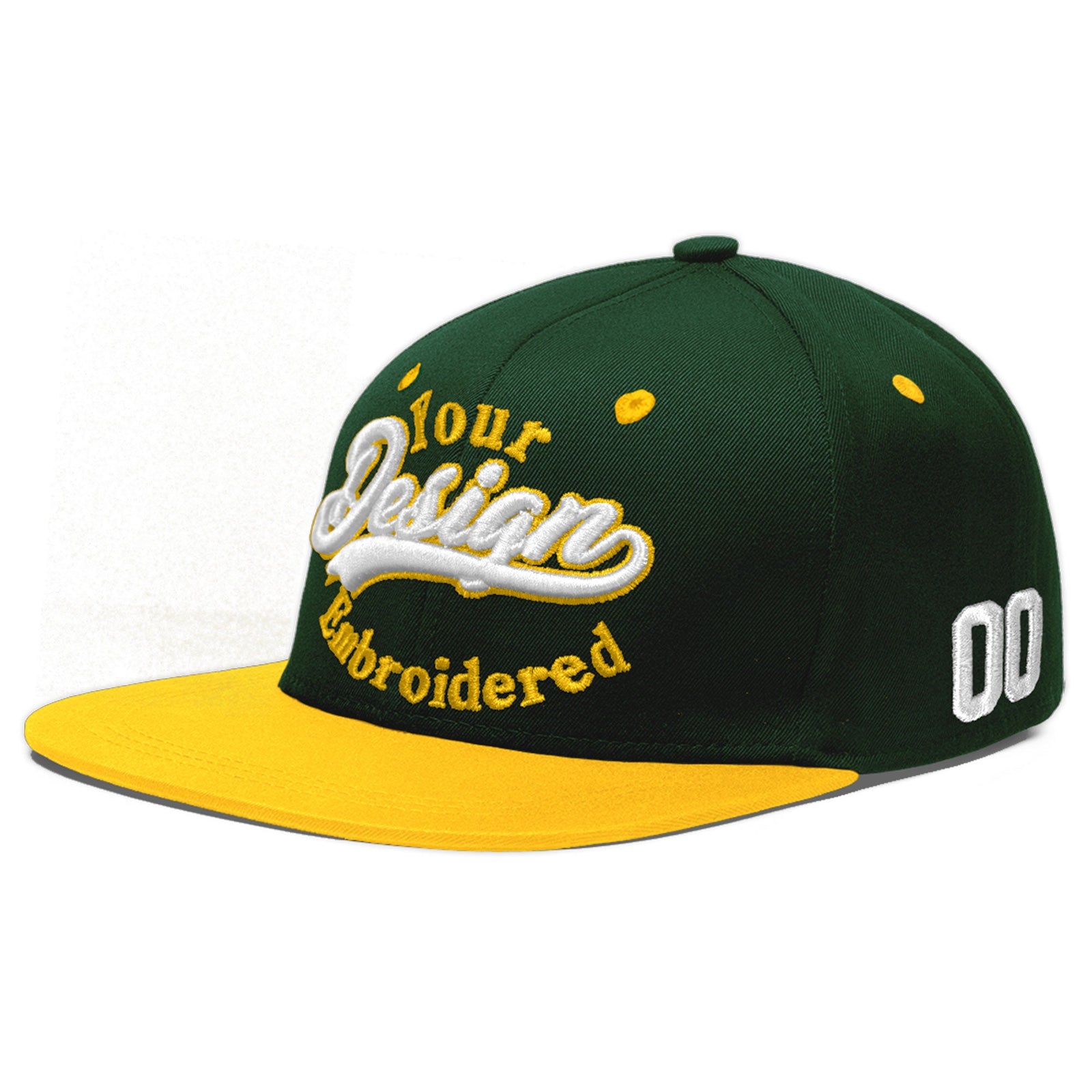 Custom Green Gold 3D Puff Embroidery Flat Embroidery Casual Sport Baseball Cap