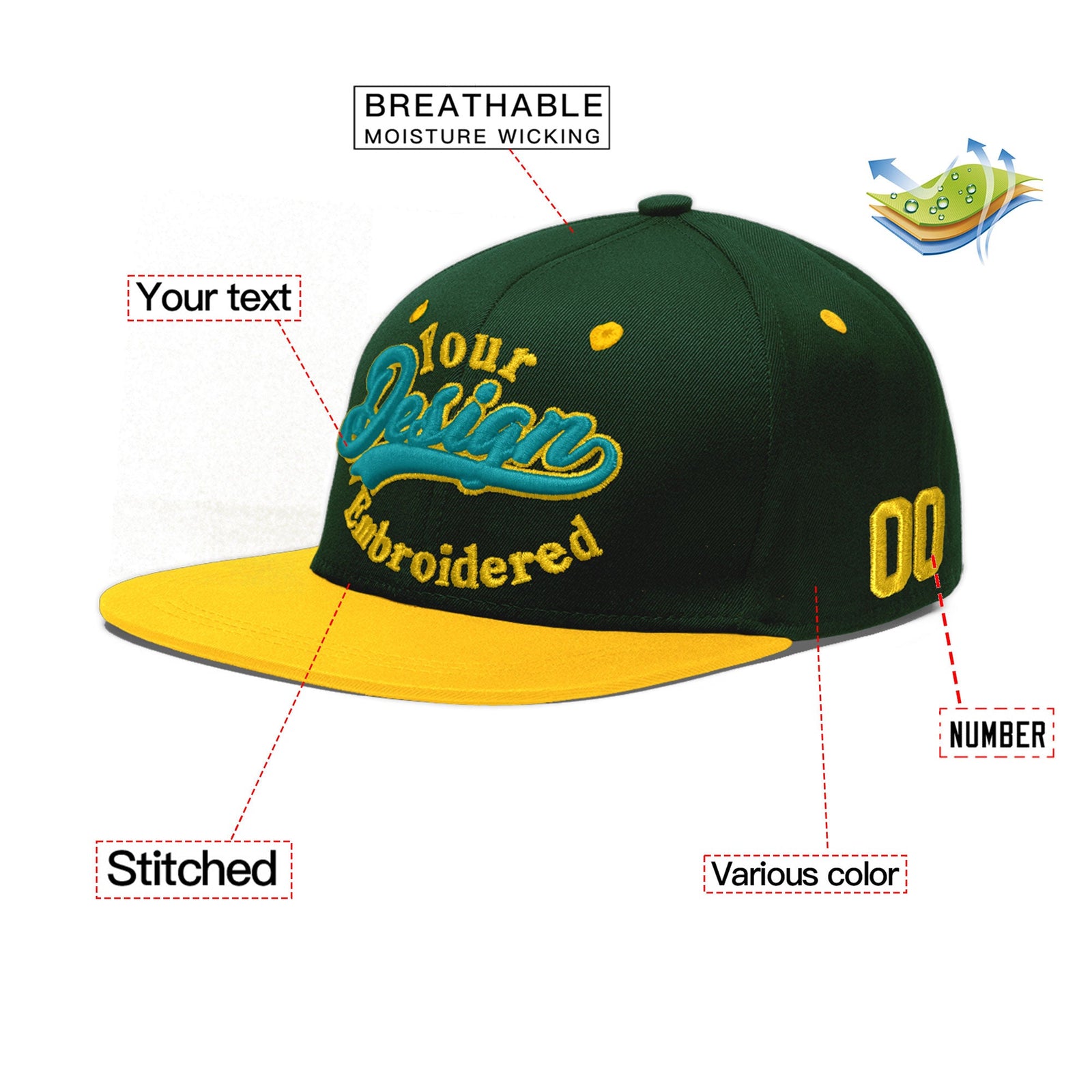 Custom Green Gold 3D Puff Embroidery Flat Embroidery Casual Sport Baseball Cap