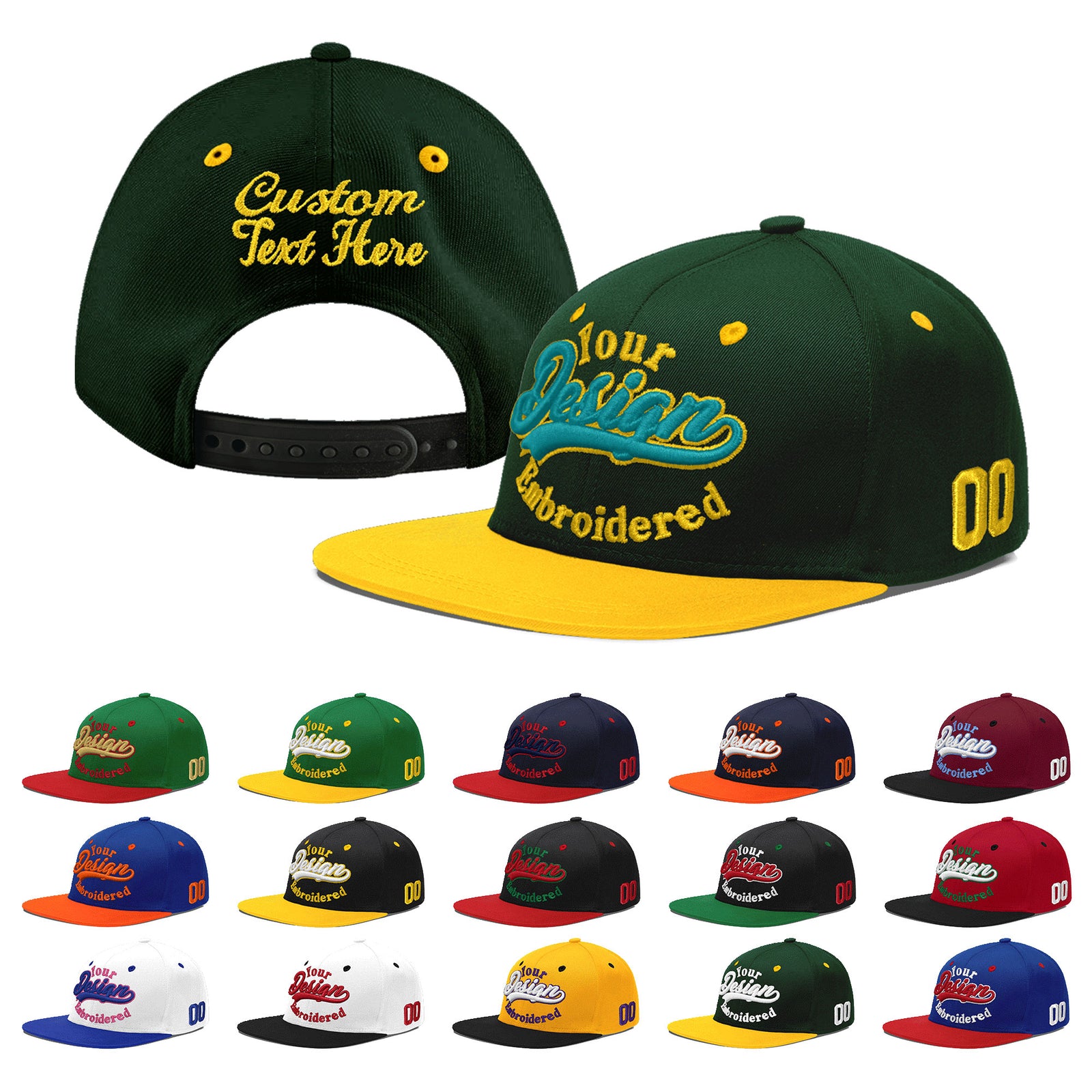 Custom Green Gold 3D Puff Embroidery Flat Embroidery Casual Sport Baseball Cap