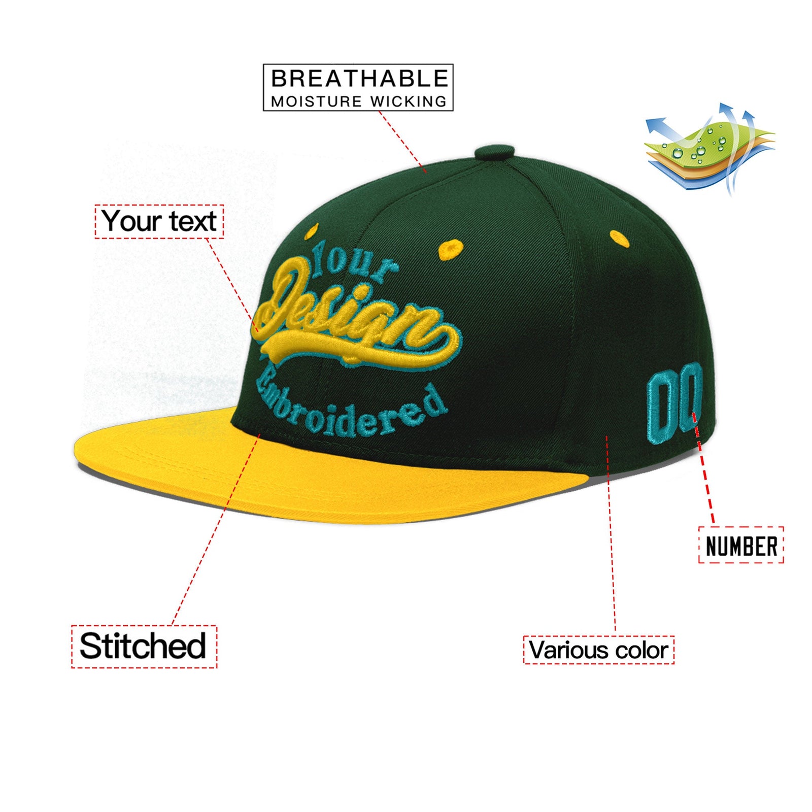 Custom Green Gold 3D Puff Embroidery Flat Embroidery Casual Sport Baseball Cap