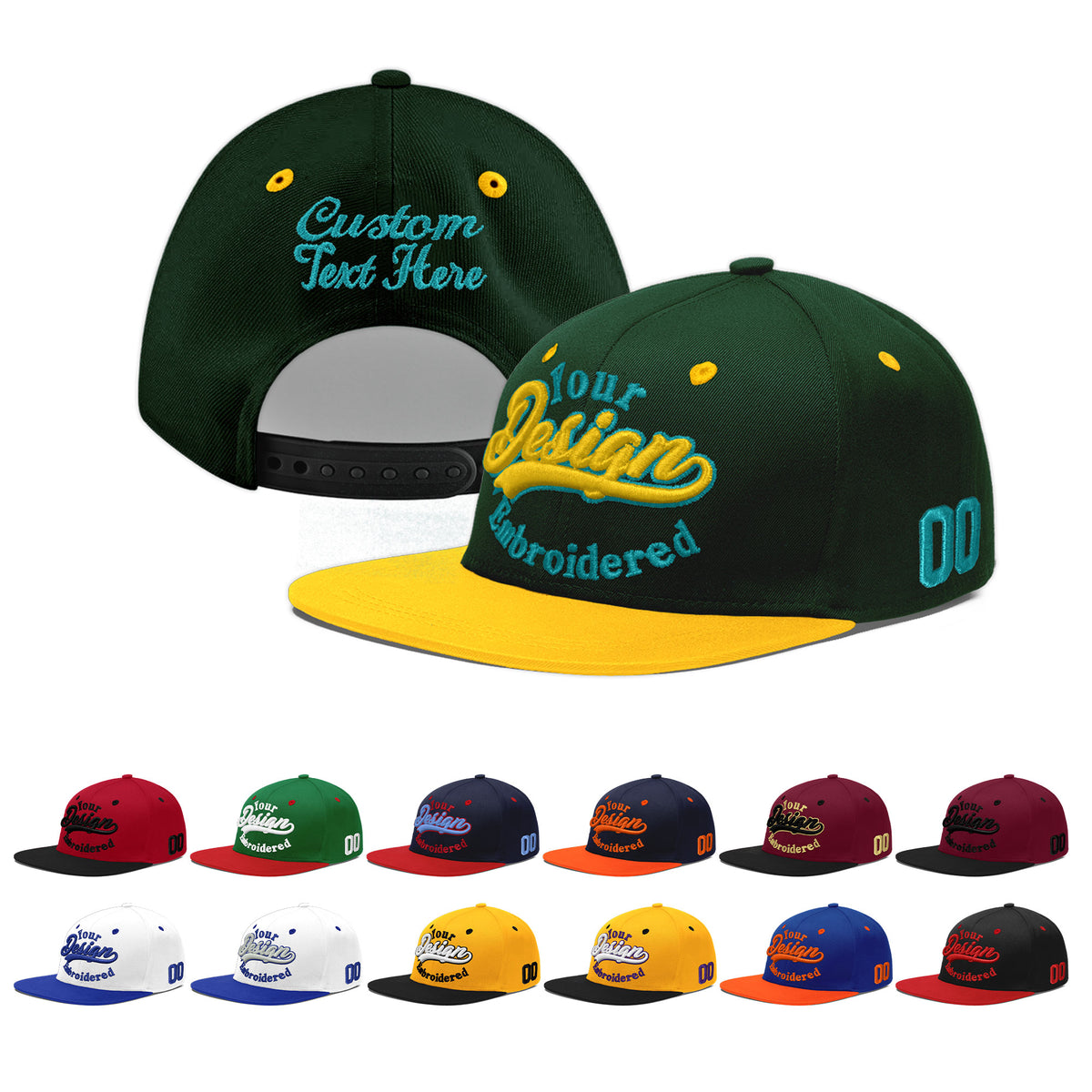 Custom Green Gold 3D Puff Embroidery Flat Embroidery Casual Sport Baseball Cap