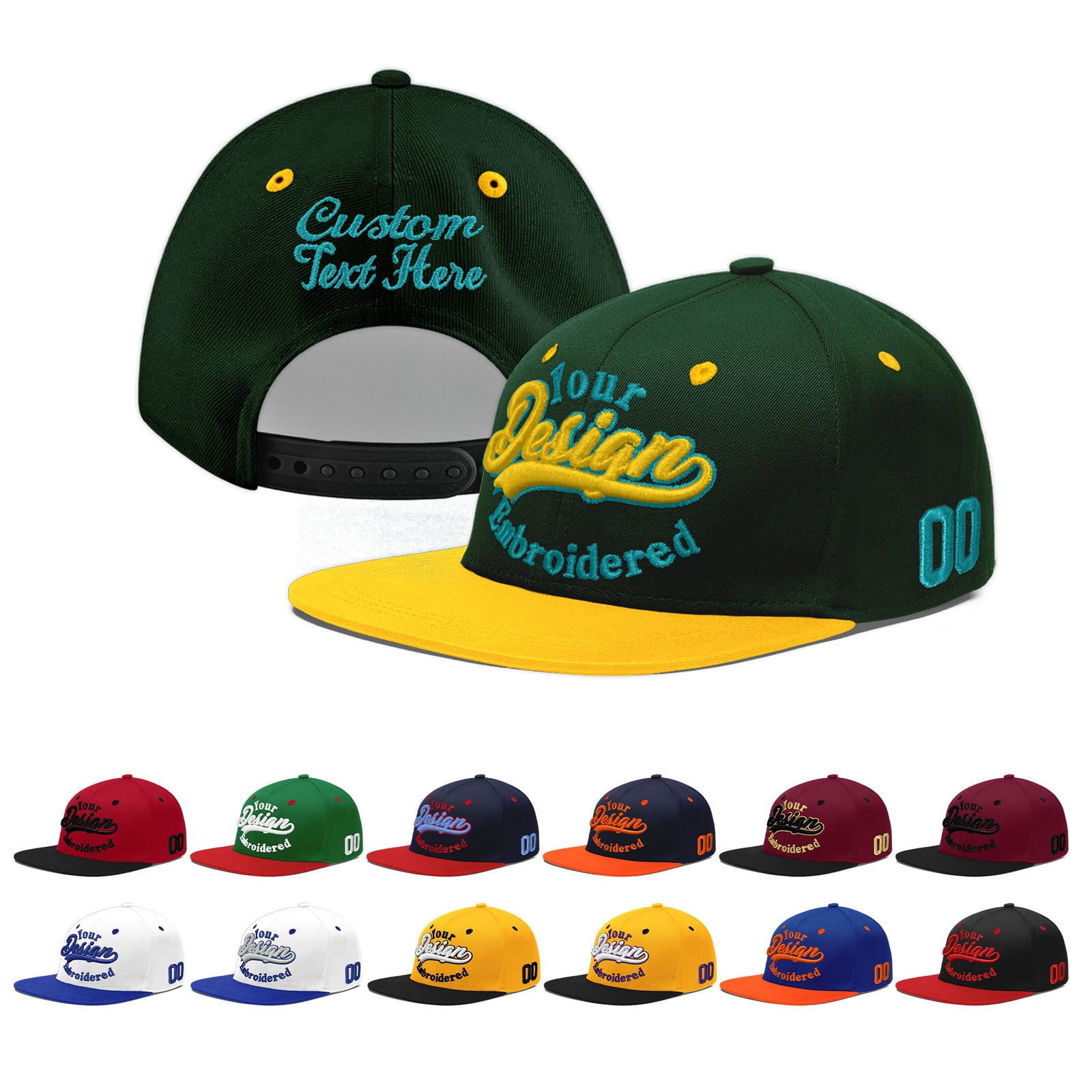 Custom Green Gold 3D Puff Embroidery Flat Embroidery Casual Sport Baseball Cap