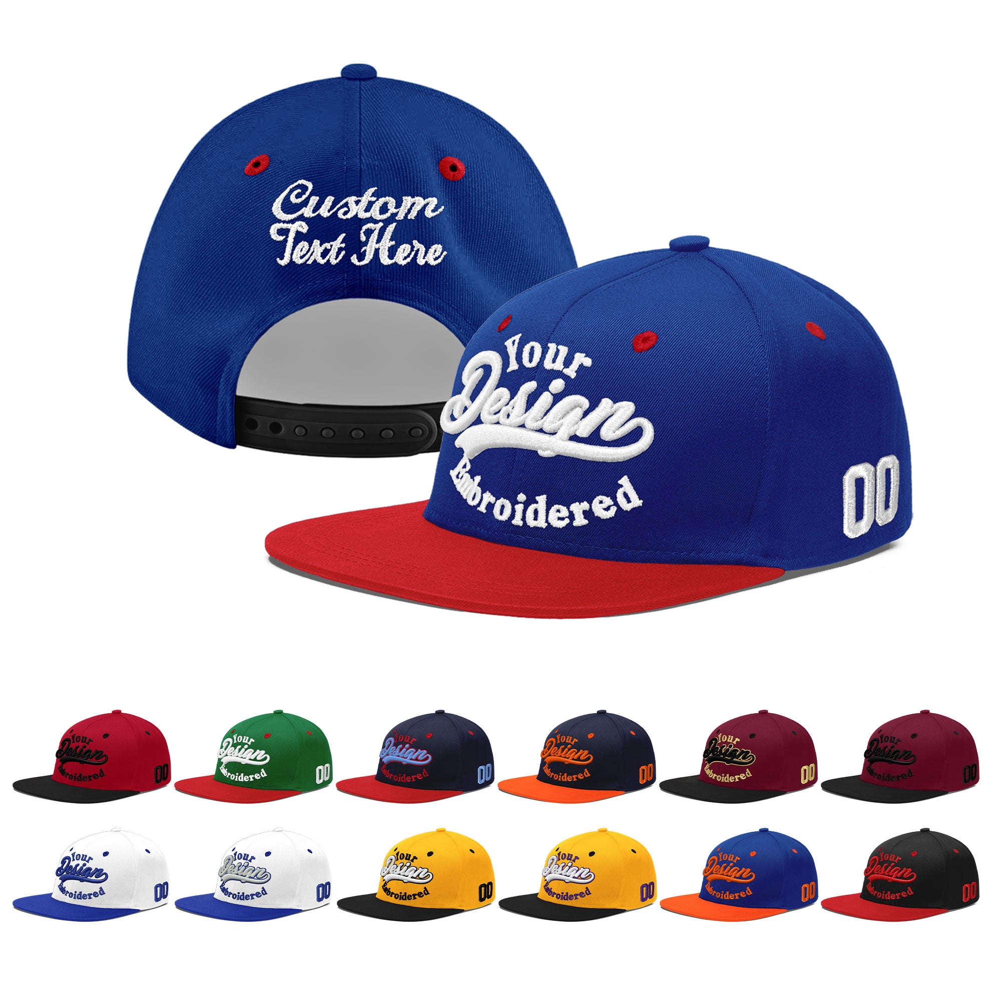 Custom Royal Blue Red 3D Puff Embroidery Flat Embroidery Casual Sport Baseball Cap