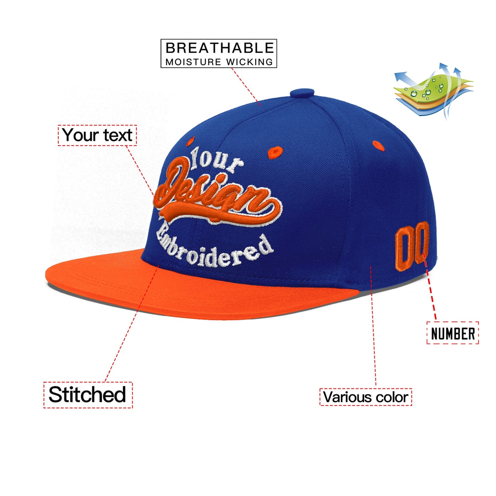 Custom Royal Blue Orange 3D Puff Embroidery Flat Embroidery Casual Sport Baseball Cap