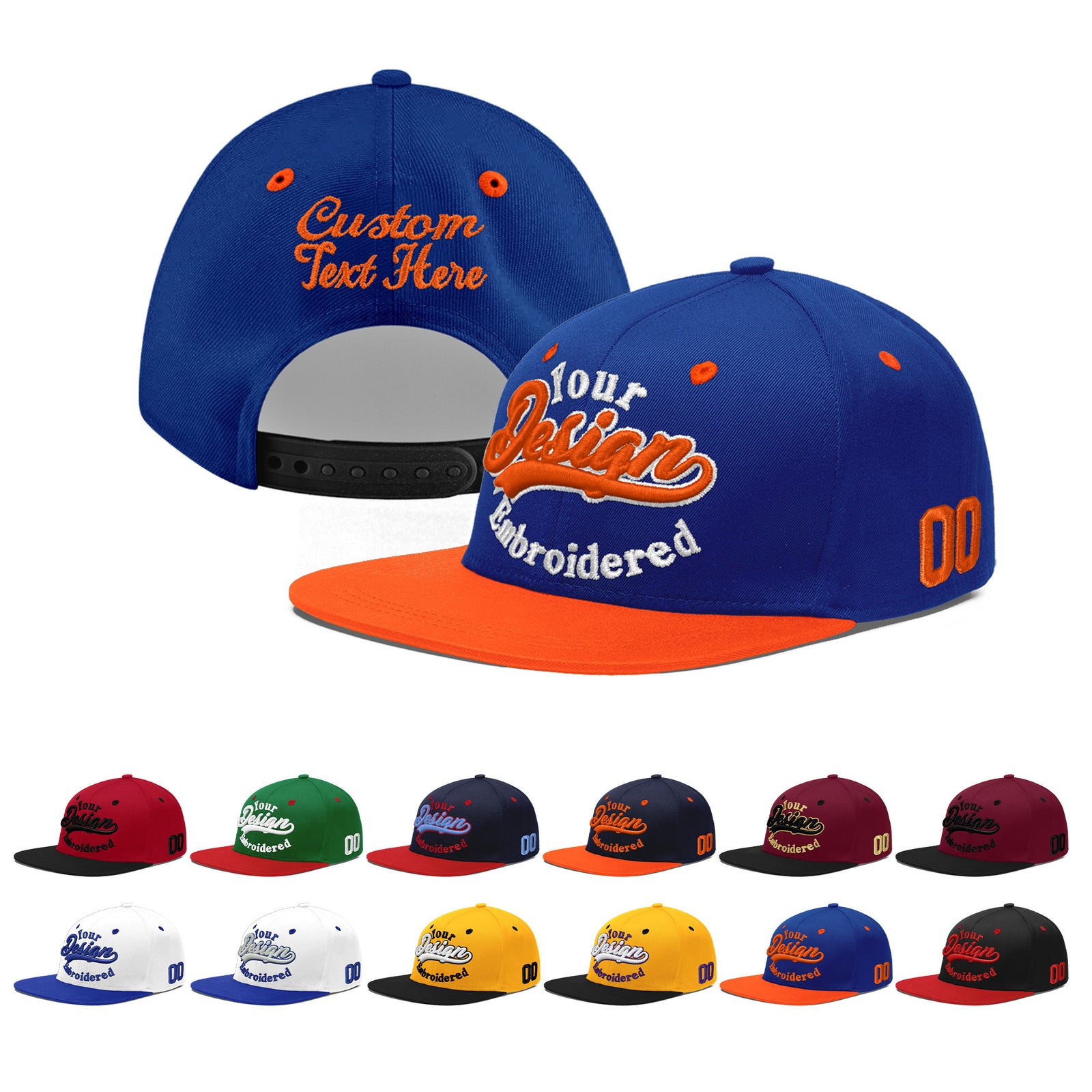 Custom Royal Blue Orange 3D Puff Embroidery Flat Embroidery Casual Sport Baseball Cap