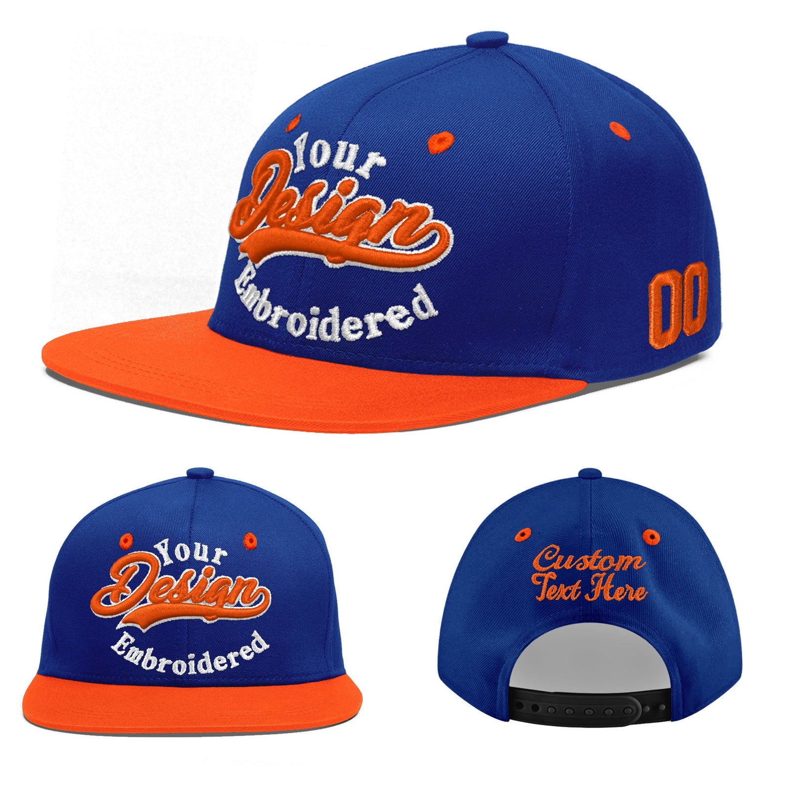 Custom Royal Blue Orange 3D Puff Embroidery Flat Embroidery Casual Sport Baseball Cap